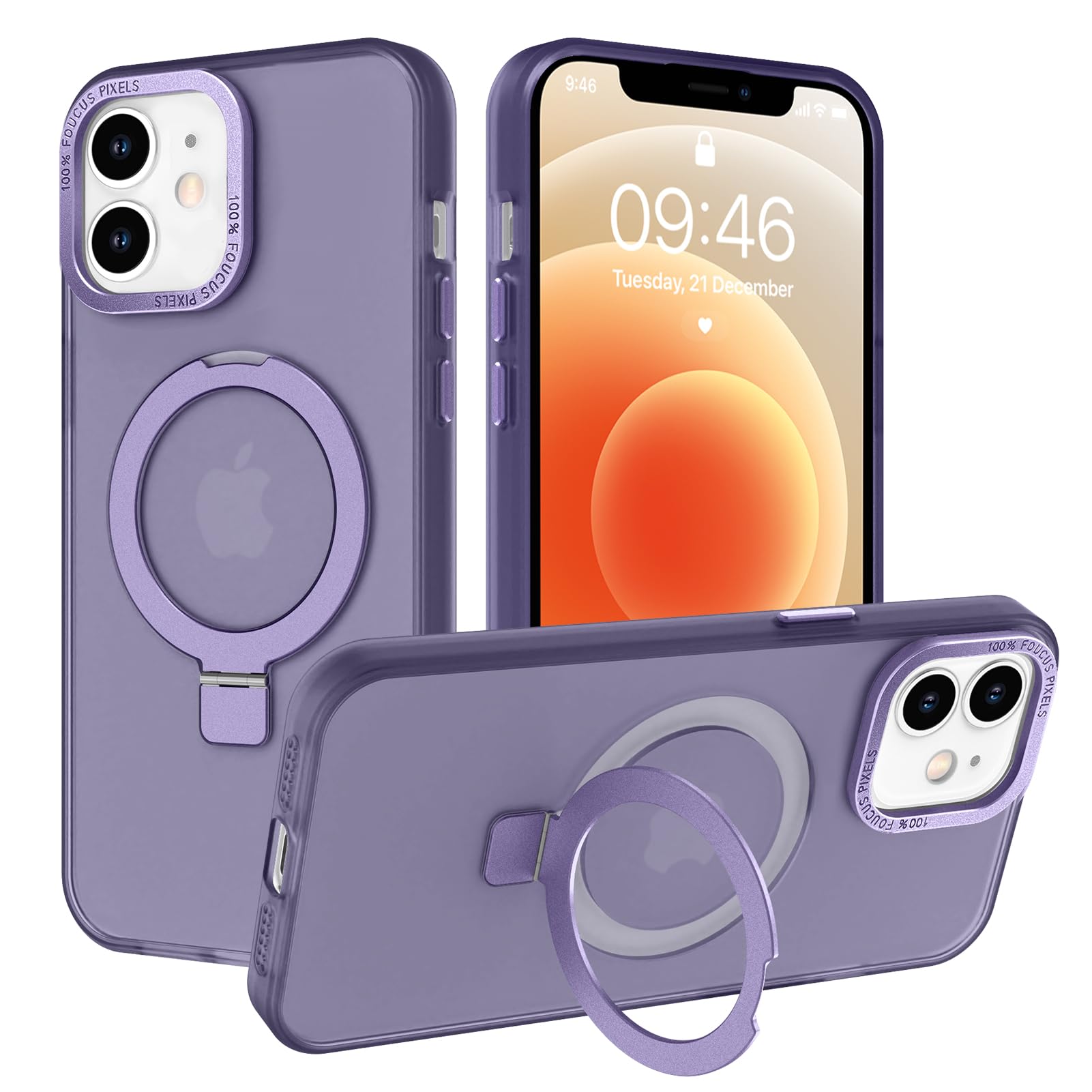 ZIYE Magnetic for iPhone 12 Case with Stand[Compatible with MagSafe]，Shockproof Magnetic Kickstand Slim Translucent Cover for iPhone 12 Case with Ring Stand,Purple