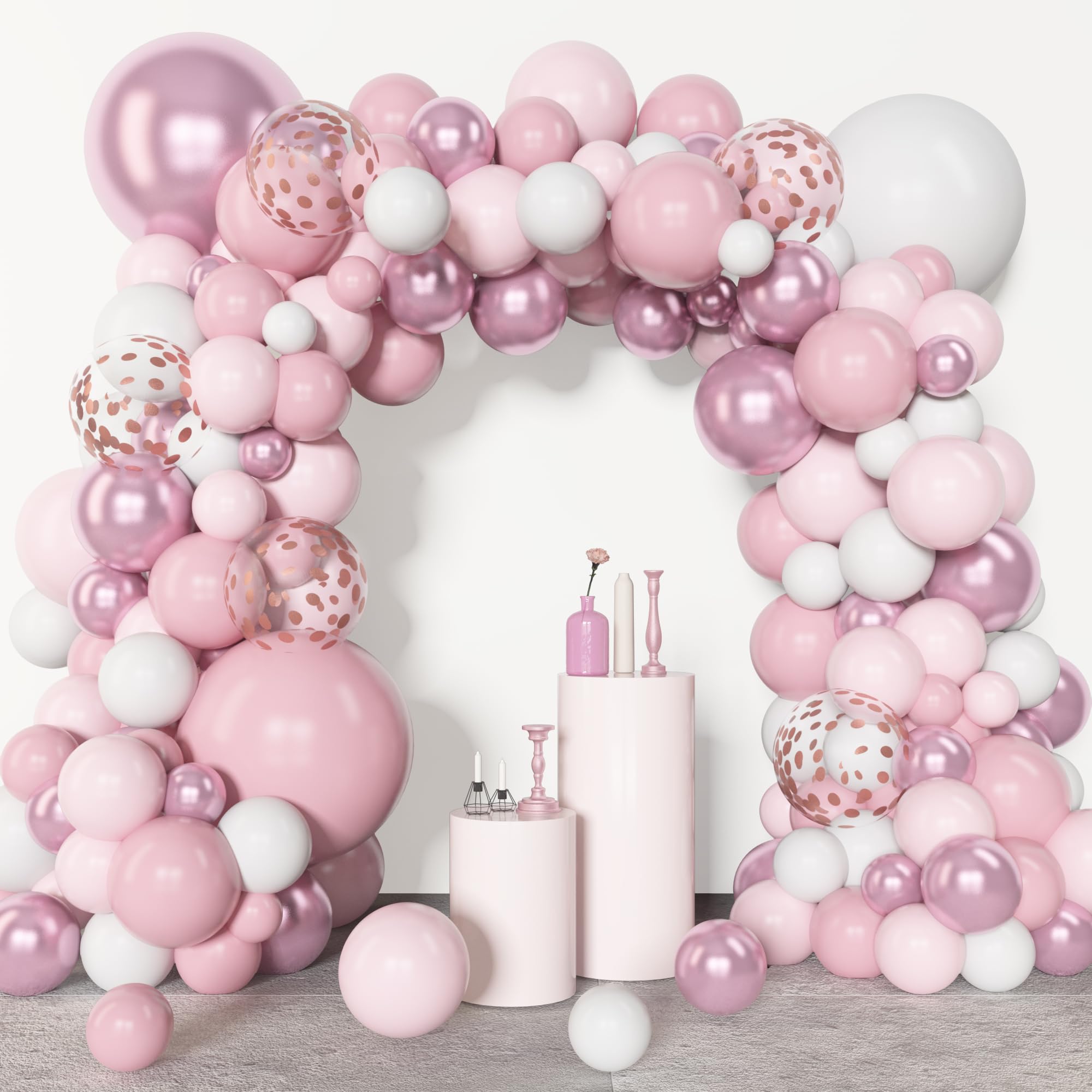 Amandir 153pcs Pink White Balloons Arch Garland Kit, Different Sizes 18 12 10 5inch Pastel Light Latex Metallic Confetti Pink Balloons for Baby Shower Wedding Bow Coquette Birthday Party Decorations