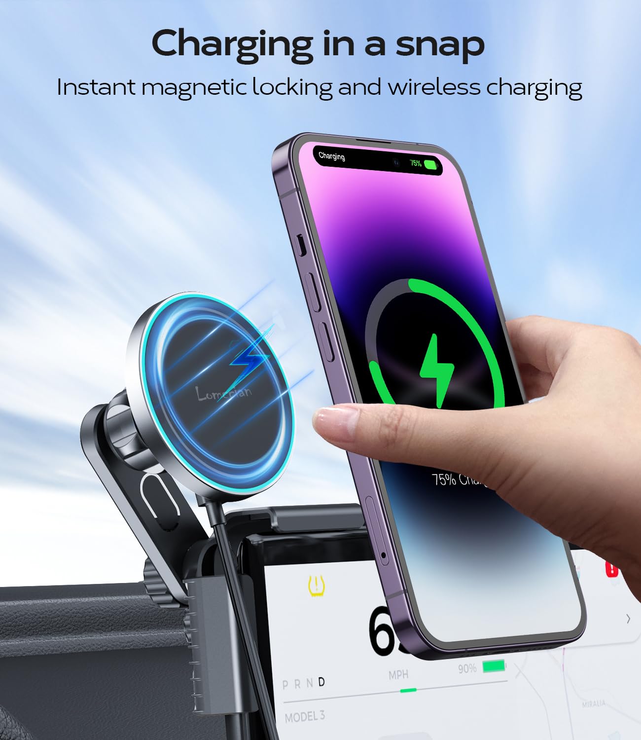 Lomccian Tesla Phone Mount Wireless Charging for MagSafe, Magnetic Tesla Phone Holder for Tesla Model 3 Model Y, Tesla Model 3/Y Accessories 2023 Fits All Phones