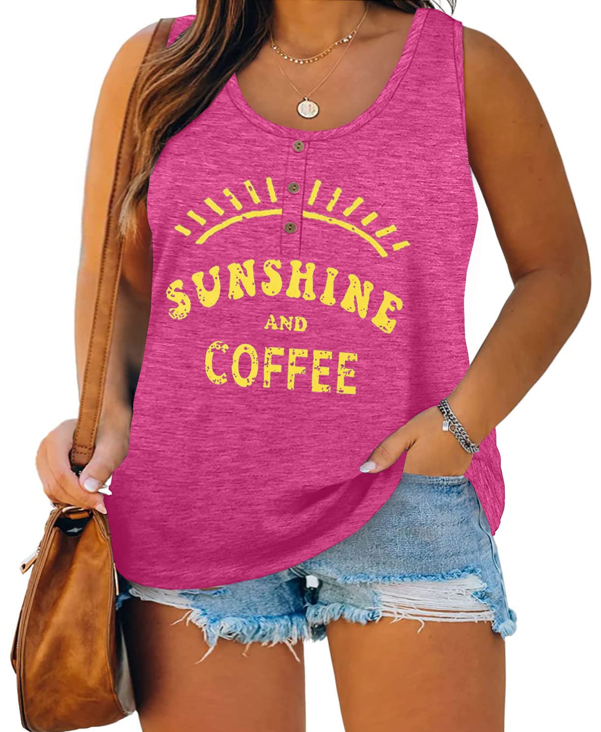 Plus Size Tank Tops for Women Summer Sleeveless Henley T-Shirts Tops Casual Sunshine Coffee Graphic Tee Tunics Shirts