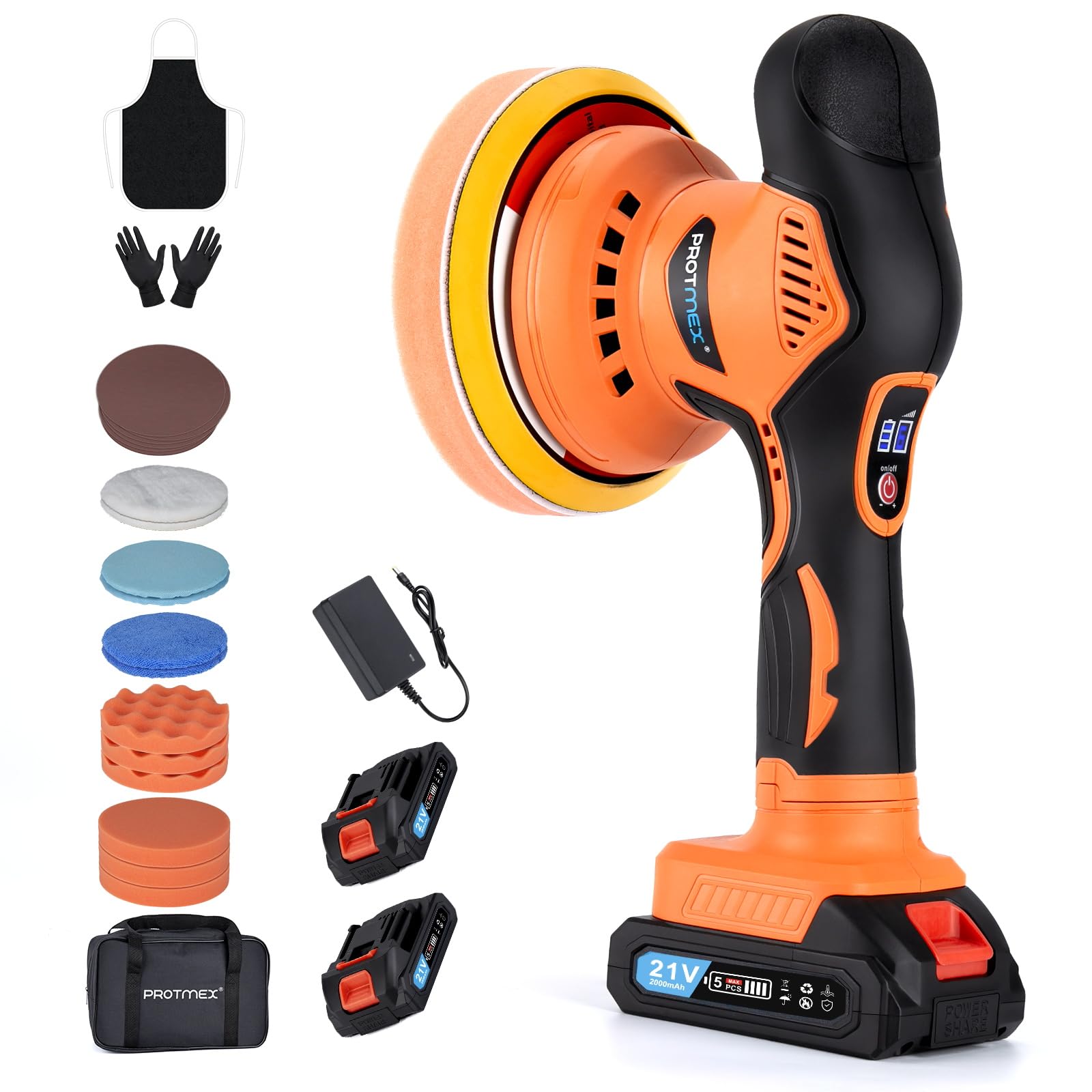 Protmex Cordless Car Buffer Polisher, 6IN Car Buffers And Polishers Kit, 6 Variable Speed Car Polishing Kit, 2*21V 2.0Ah Batteries Cordless Polisher For Car Detailing/Polishing/Waxing/Scratch Removing