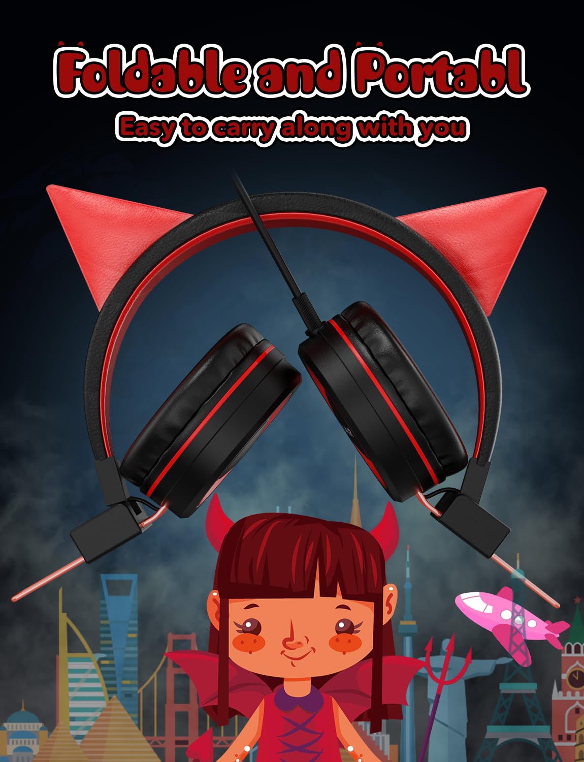 SIMJAR Cat Ear Kids Headphones for Daily Use/School, Wired Boys/Girls Foldable Headphones with Adjustable Headband, 3.5 MM Jack for Online Learning/Travel/Tablet/iPad/Computer