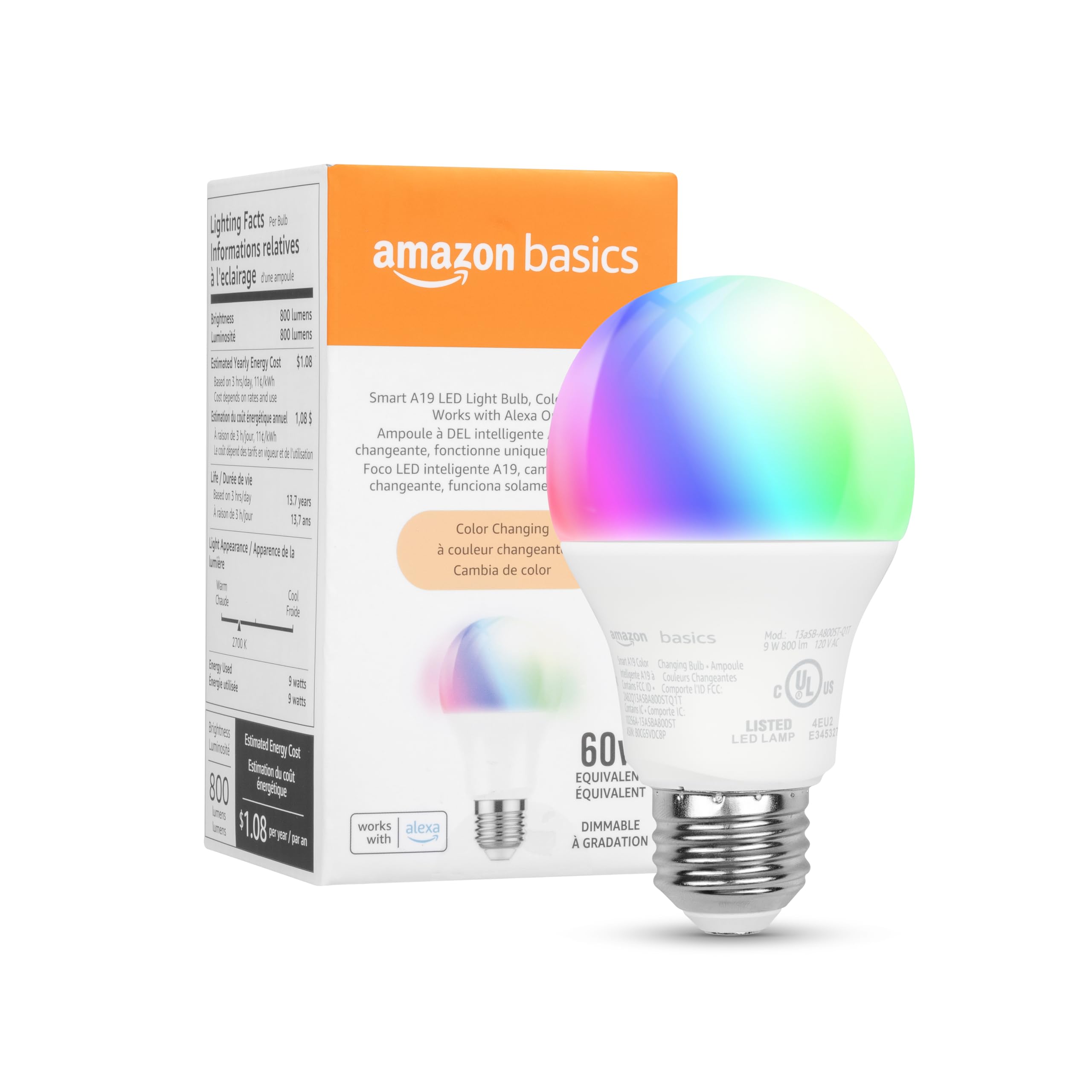 Amazon Basics Smart A19 LED Light Bulb, Color Changing, 9W (60W Equivalent), 800LM, Works with Alexa Only, 2.4 GHz Wi-Fi, No Hub Required, 1 Pack