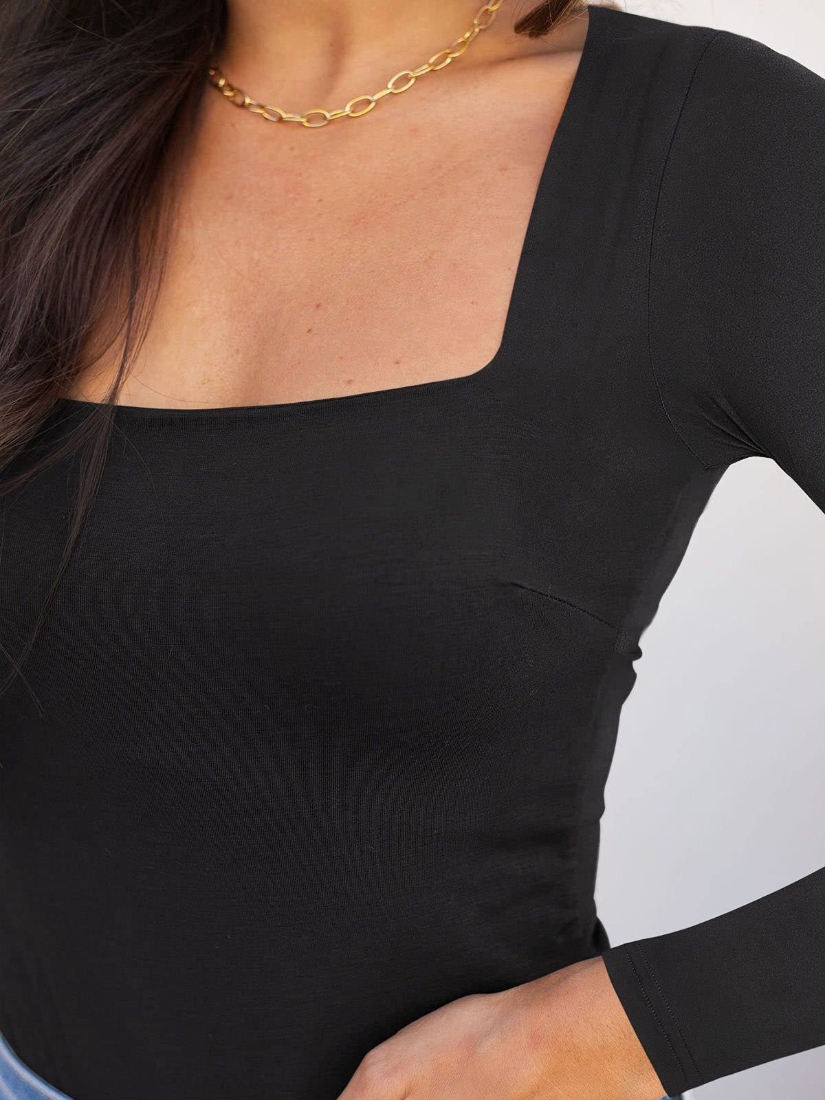 Womens Sexy Square Neck Double Lined Seamless Fitted Shirts Stretchy Long Sleeve Bodysuit Tops Black Large
