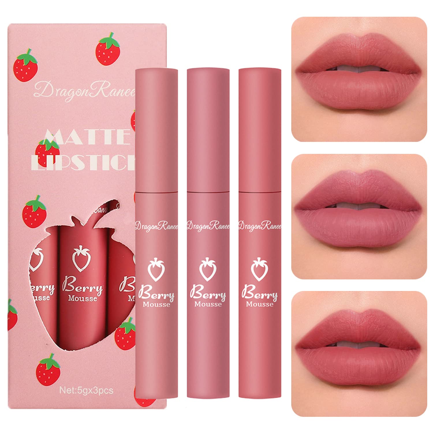 3 Piece Nude Matte Lipstick Set,Natural Nude Lipstick Velvet Air Moisture Smooth Crayon Lip Stain,Matt e Lipstick 24 Hour SuperstayLong Lasting Waterproof Lip Gloss Lipstick for Women Makeup(Set C)