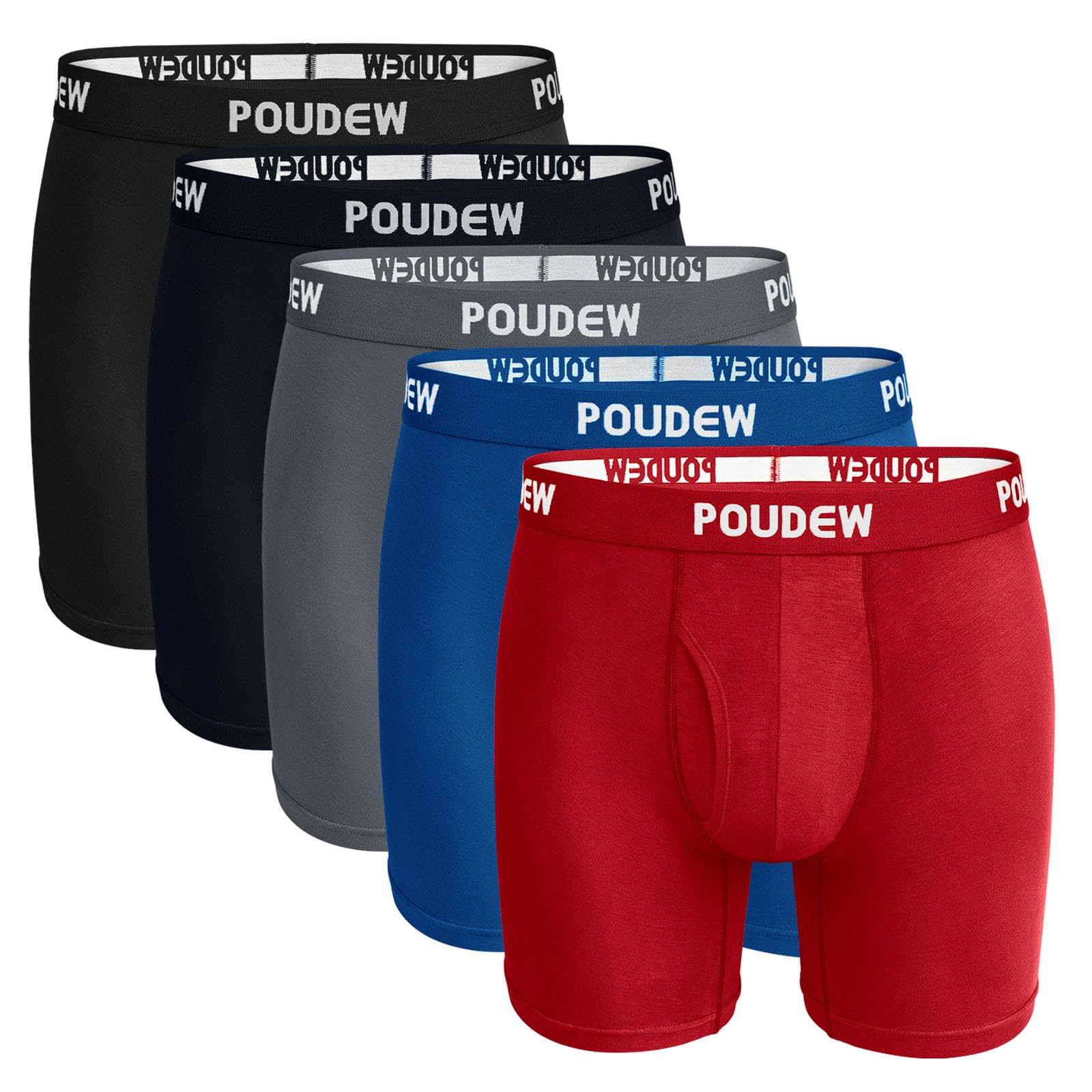 POUDEW Men's Breathable Viscose Moisture Wicking No Roll Waistband Tagless Underwear Boxer Briefs, Pack of 5 (Large, Black/Grey/Navy/Blue/Red)