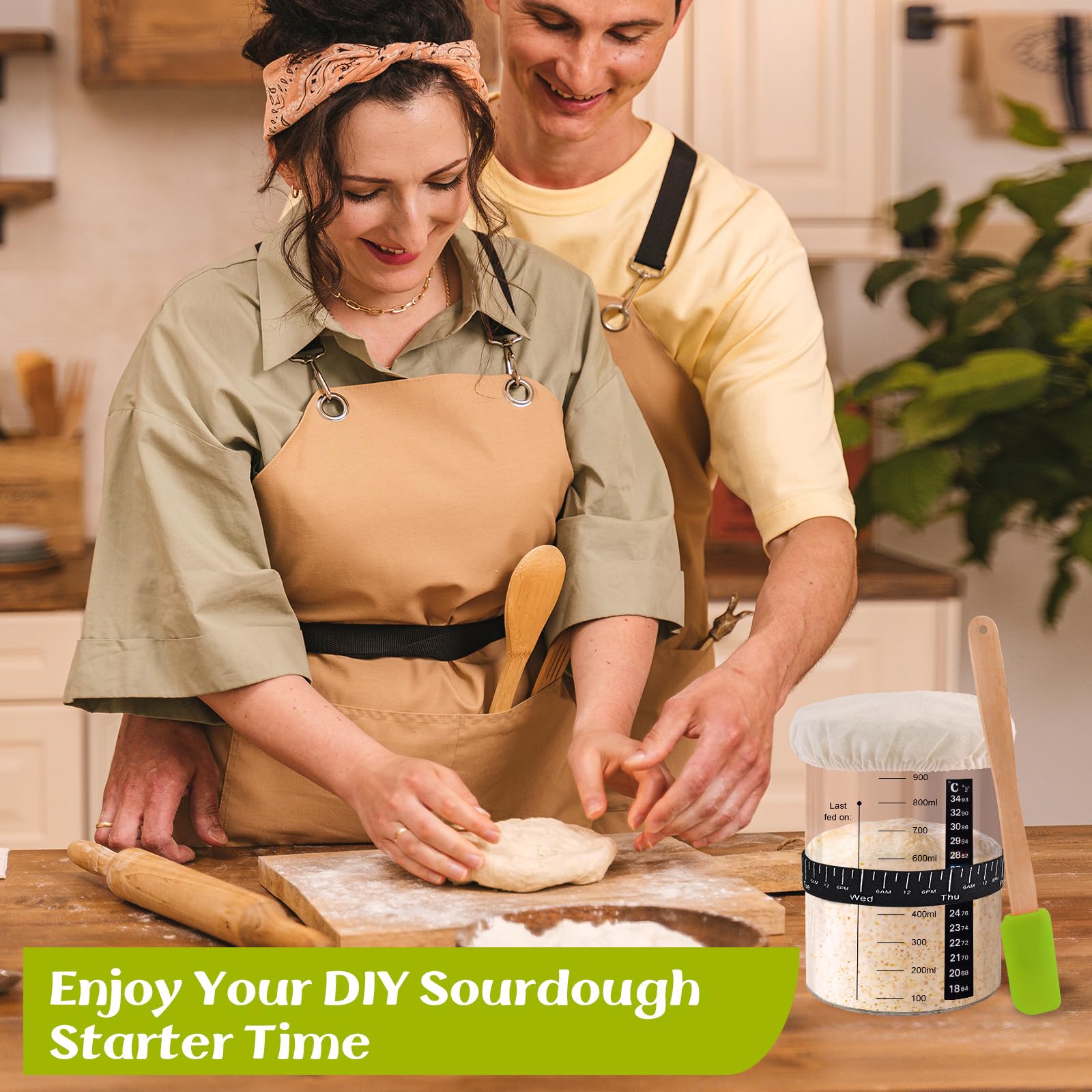 WAVEWISE Sourdough Starter Jar Kit 1000ml - Large Glass Jar for Sourdough - Sourdough Starter Crock - Reusable Sour Dough Starter Jar With Thermometer, Silicone Scraper, Cloth Cover and Lid