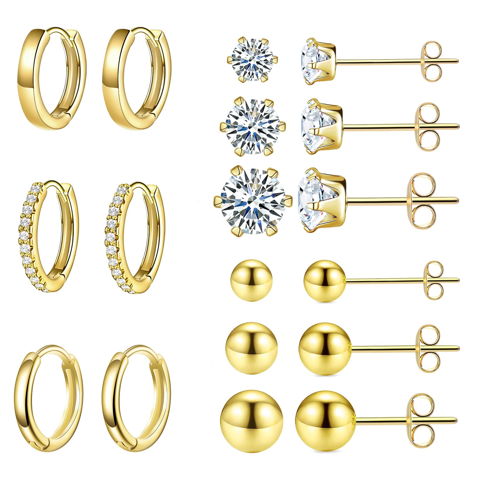 Earring Sets for Multiple Piercing, Gold Studs Earrings for Women Flat Back Stud Earrings Huggie Hoop Earrings Set Hypoallergenic 14K Gold Plated Earrings Lightweight Small Cubic Zirconia Gold Ball Cartilage Studs Earrings for Women Girls Men