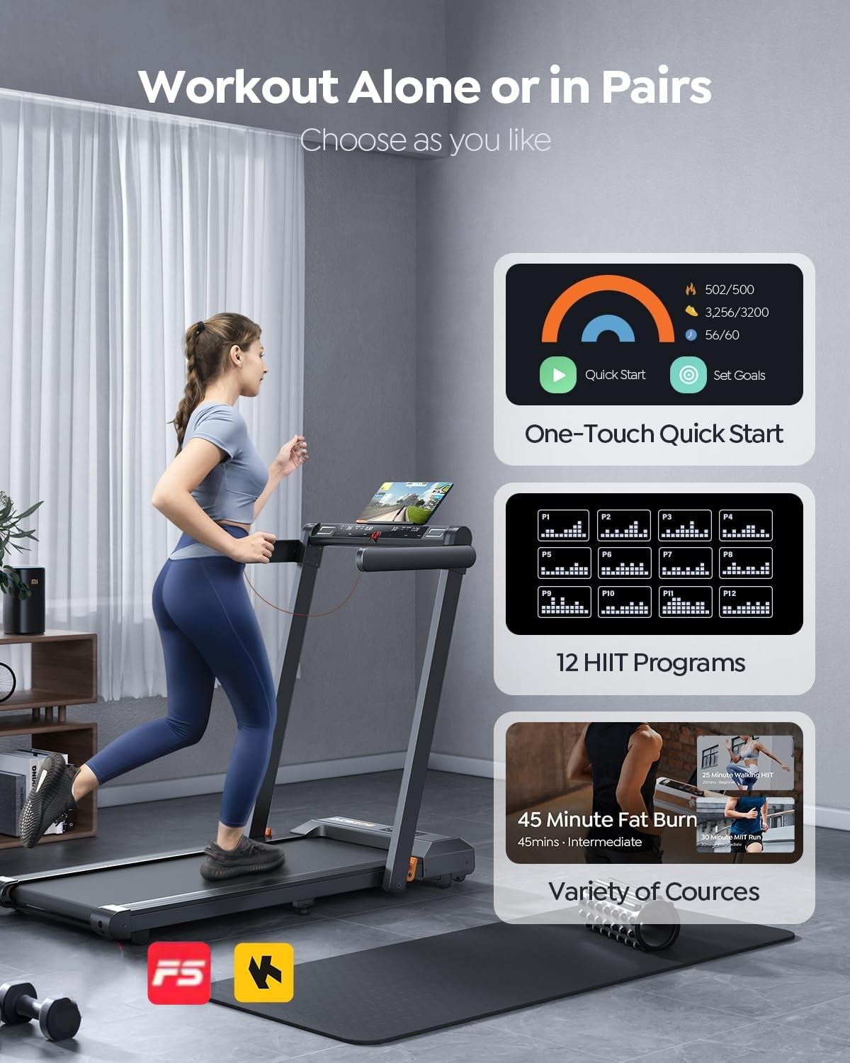 Acezoe 2 in 1 Foldable Treadmills for Home Small Office, 2.5HP Walking Pad Treadmill with Handle Bar, 300lbs Capacity, Under Desk Treadmill with Smart APPs, 12 HIIT Modes and Touch Screen
