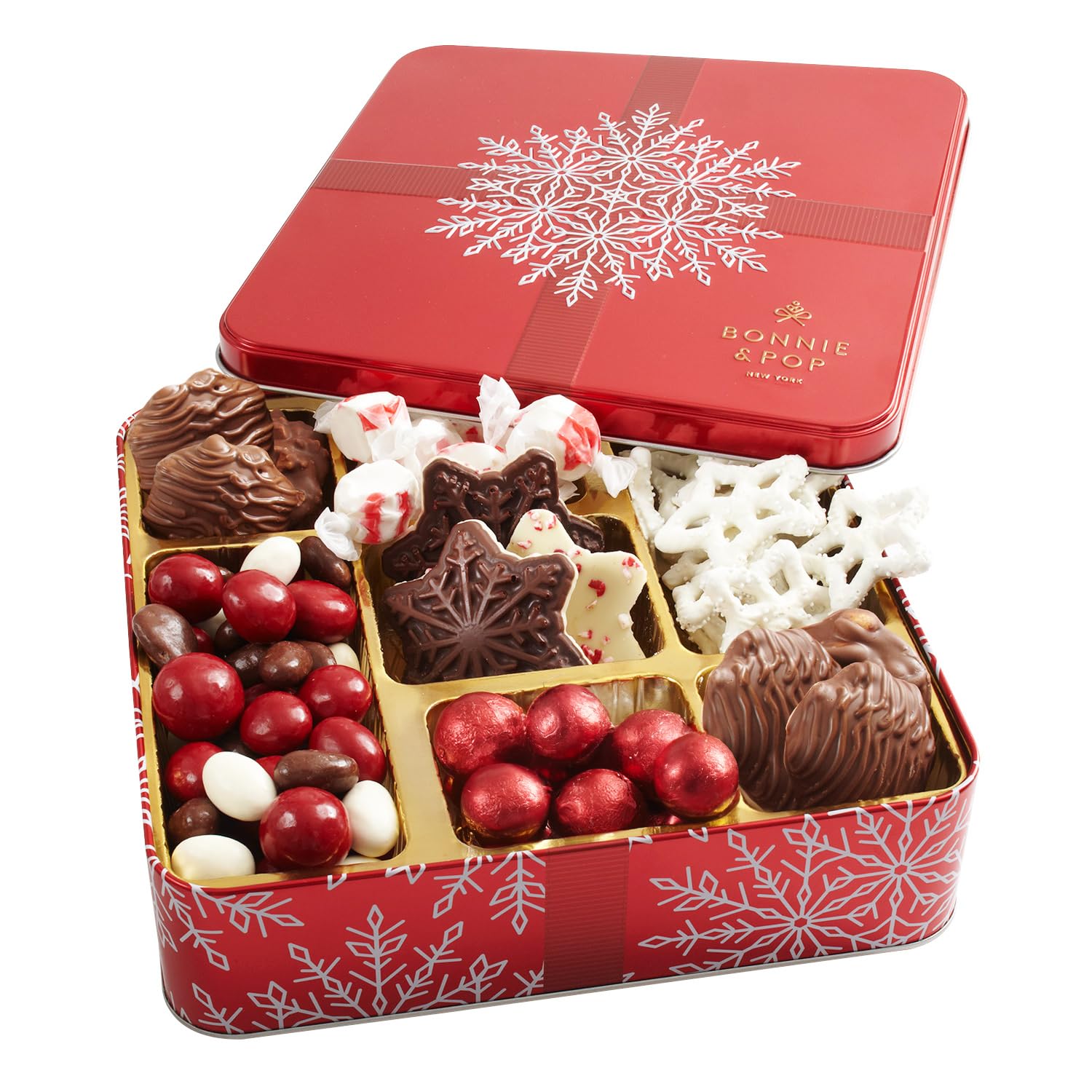 Bonnie and Pop's Holiday Tin- with Assorted Christmas Chocolate, Nuts, Bark, Truffles – Festive, Corporate, Family, Gift Basket Idea for Men and Women