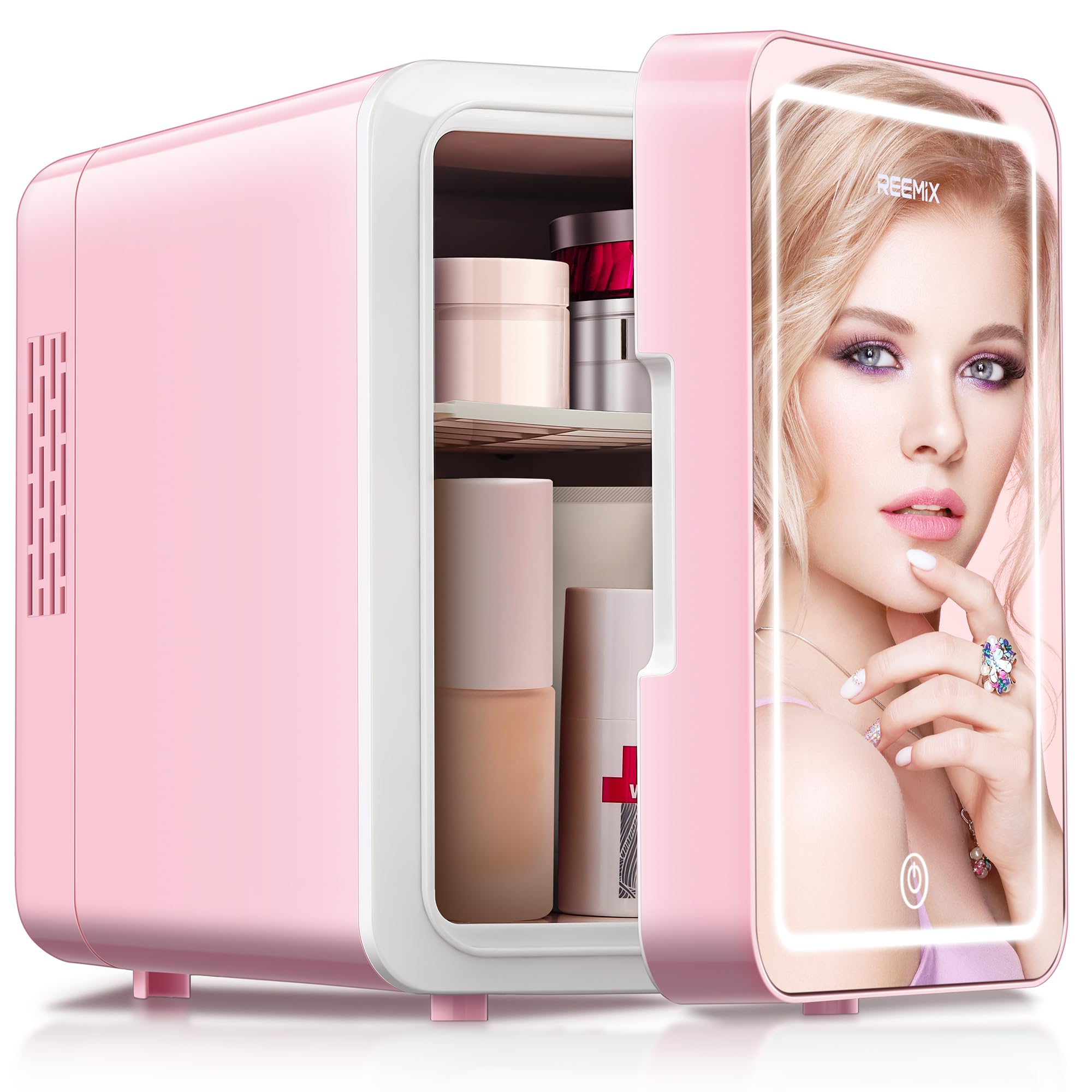 Skincare Fridge, Mini Fridge with Dimmable LED Morror, 6L Makeup Fridge for Bedroom, Car, Office & Dorm, Cooler & Warmer, Portable Small Refrigerator for Cosmetics, Skin Care and Food, Pink