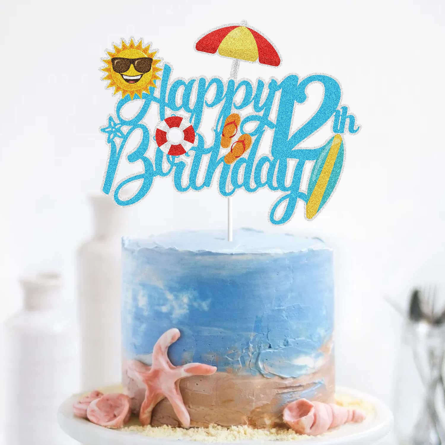 Summer Beach Happy 12th Birthday Cake Topper Blue Glitter Summer Pool Swimming Surfing 12 Twelve Years Old Party Decoration Summer Holiday Birthday Party Favor Supplies