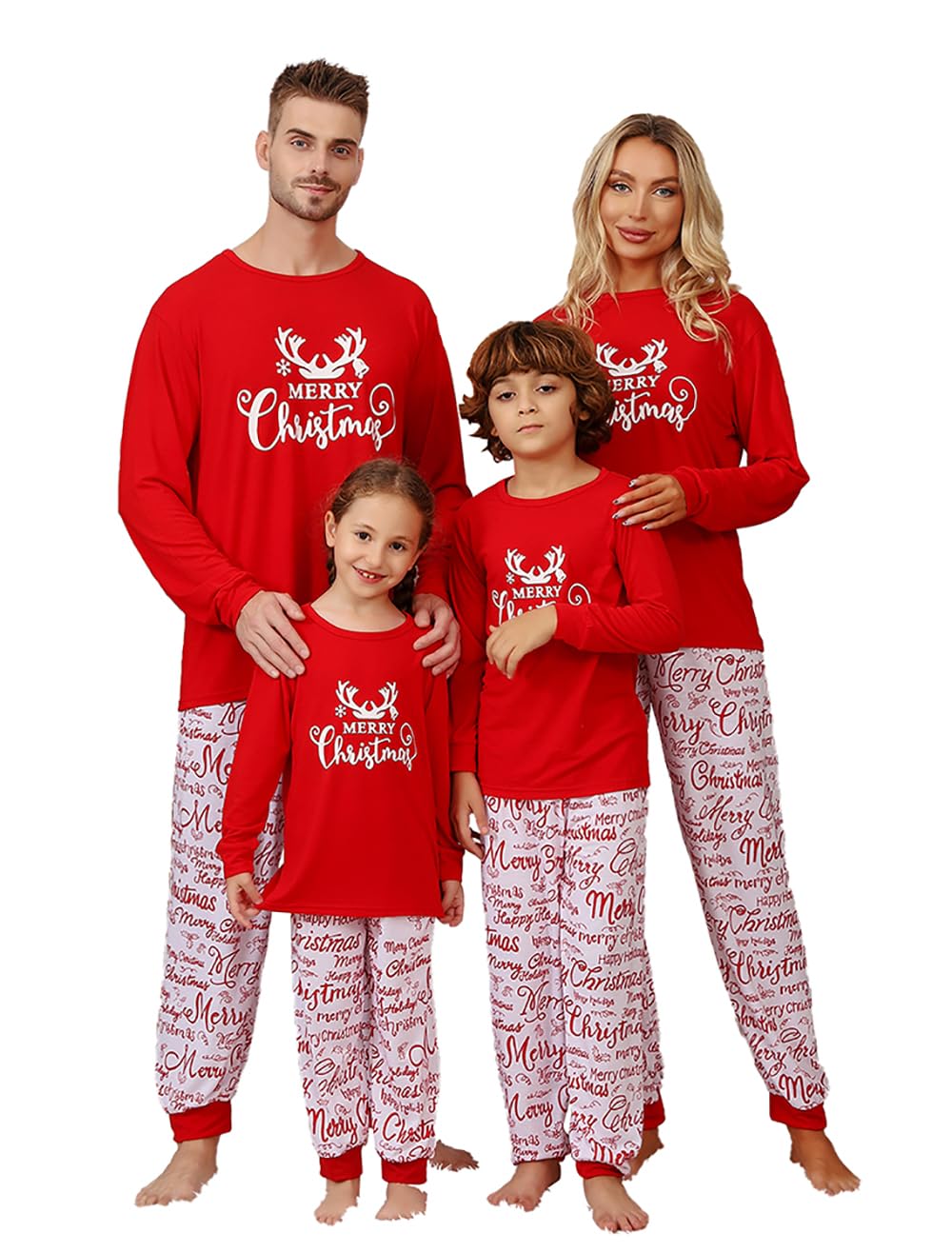 JAXUH Matching Family Christmas Pajamas, Cute Xmas Antler Print Pjs Sets for Couples/Adult, Holiday 2 Piece Sleepwear Nightwear Jammies (4-6 Years, Youth, Red Antlers)