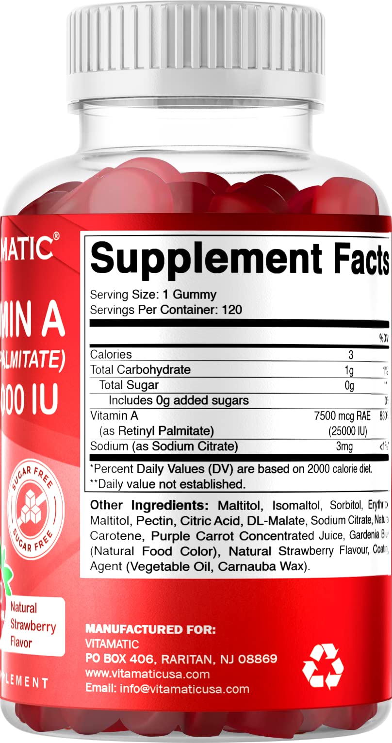 Vitamatic Sugar Free Vitamin A 25000 IU Gummies (Retinyl Palmitate) - Natural Strawberry Flavor - 120 Pectin Based Gummies (1 Bottle)