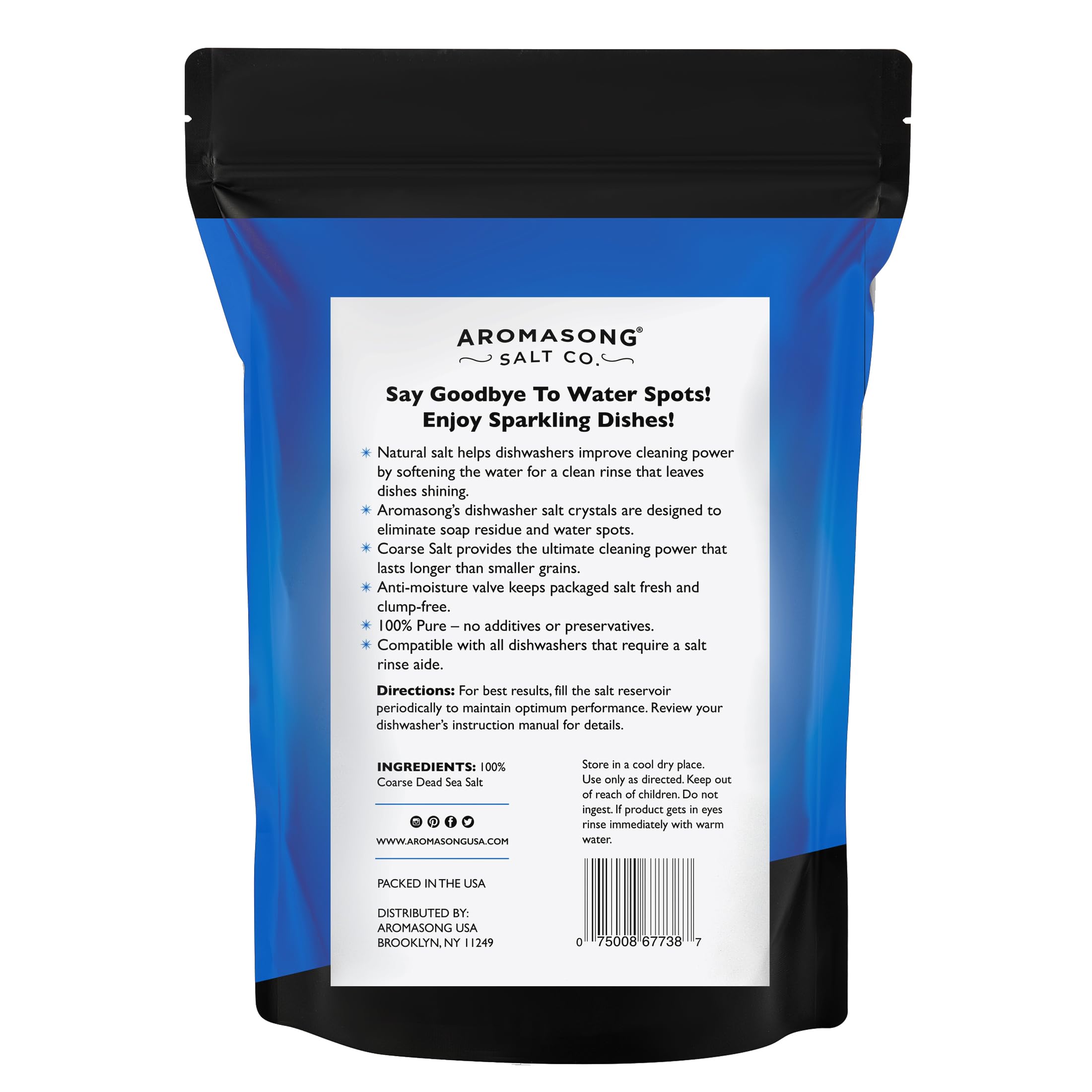 Aromasong Dishwasher Salt 15 LB - 100% Natural Water Softening Agent Compatible with Bosch, Miele, Whirlpool, Thermador, and More... for Cleaner Dishes & Washer Reactivation. (packaging may vary)
