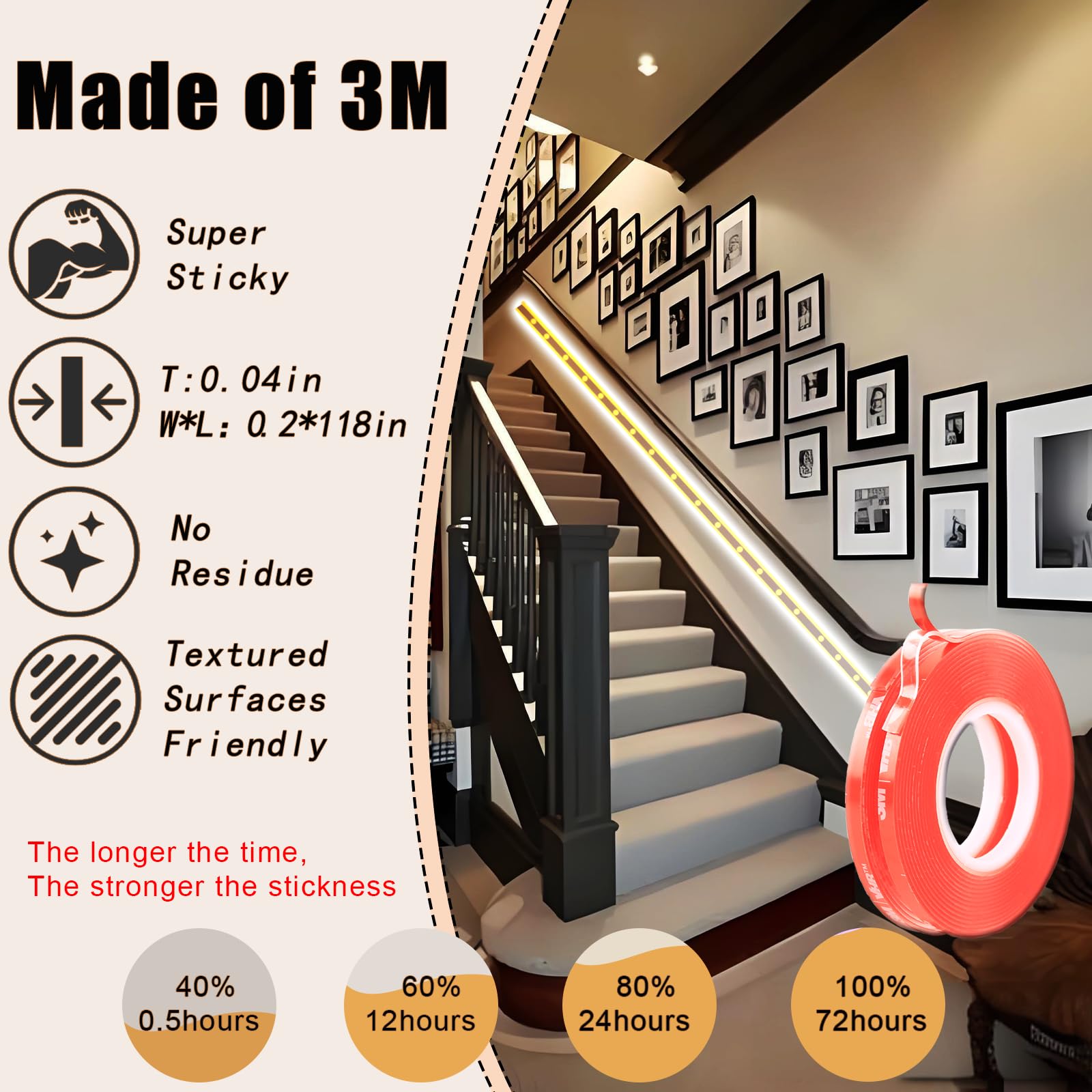 PHIXBEAR 0.2in Double Sided Tape Made of 3M, Double Sided Tape Heavy Duty, Thickening, No Damage, Textured Surfaces Friendly, for LED Strips, Car Decoration, Rain Visor, Spoiler, Walls, and Posters