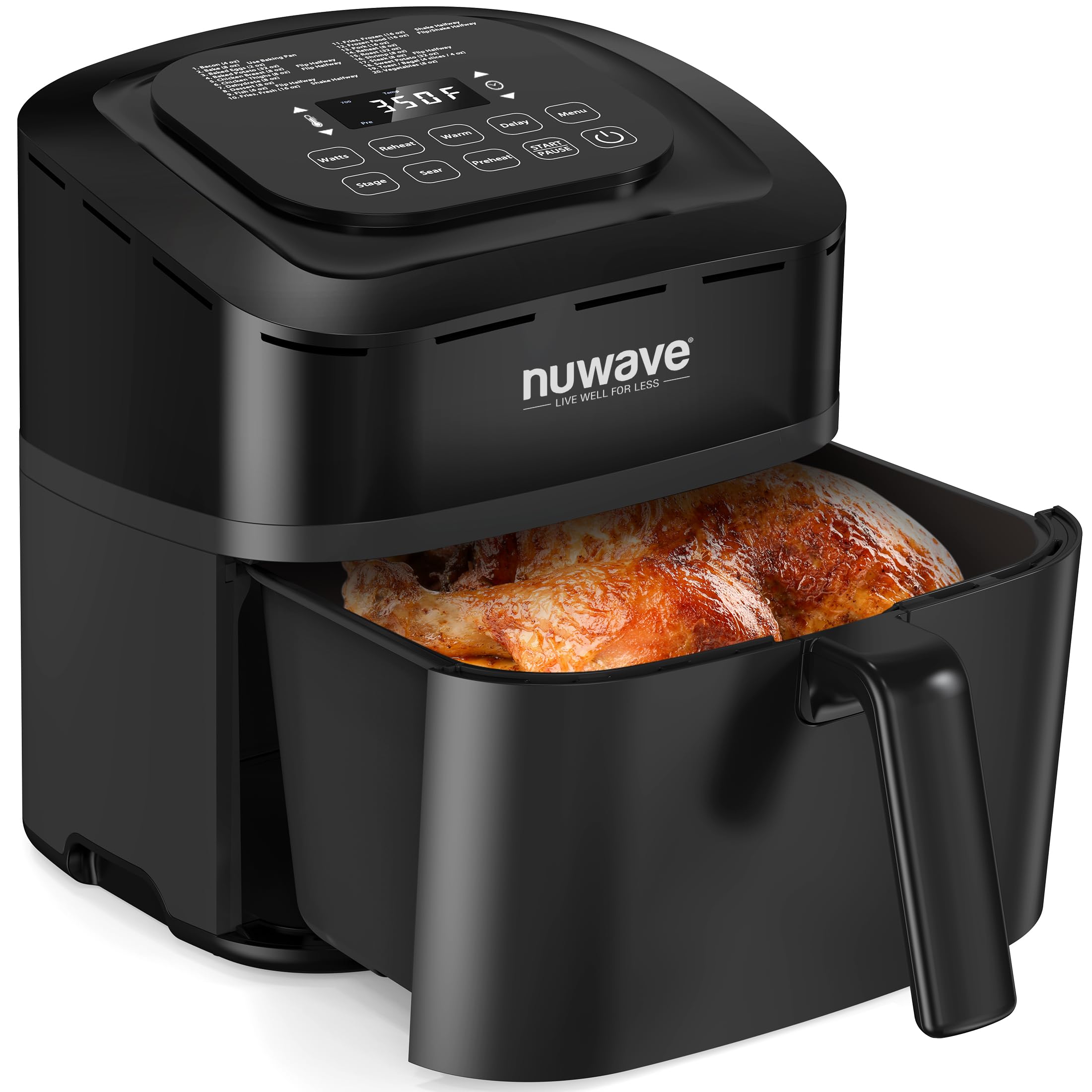 Nuwave Brio 10-in-1 Air Fryer 7.25Qt with Patented Linear T Thermal Technology for Crisping, Roasting, Dehydrating, and Reheating Non-Stick, Dishwasher Safe Basket, and App with 100+ Recipes - Black