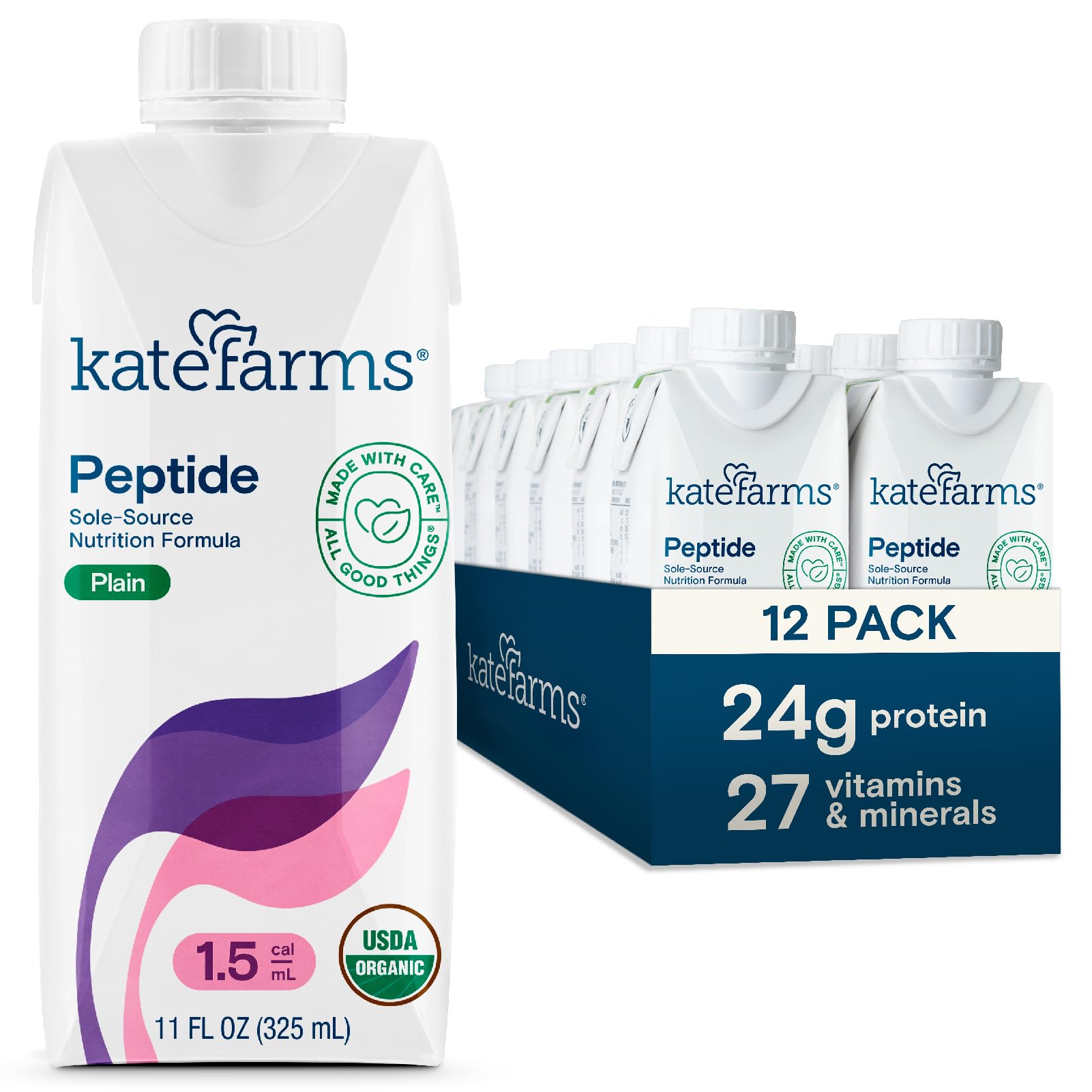 KATE FARMS Organic Vegan Adult Peptide 1.5 Formula, Unflavored Plain, Sole-Source Nutrition, Organic Enzymatically Hydrolyzed Plant-Based Protein, Meal Replacement for Oral or Tube Feeding, 11 Fl oz (Pack of 12)