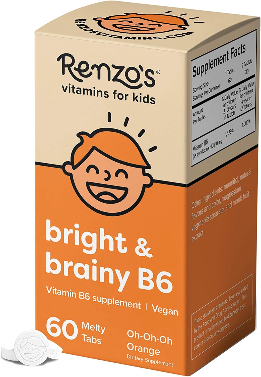 Renzo's Bright & Brainy Vitamin B6 - Dissolving Kids Vitamin B6-60 Sugar-Free Melty Tabs, Oh Oh Oh Orange Flavored