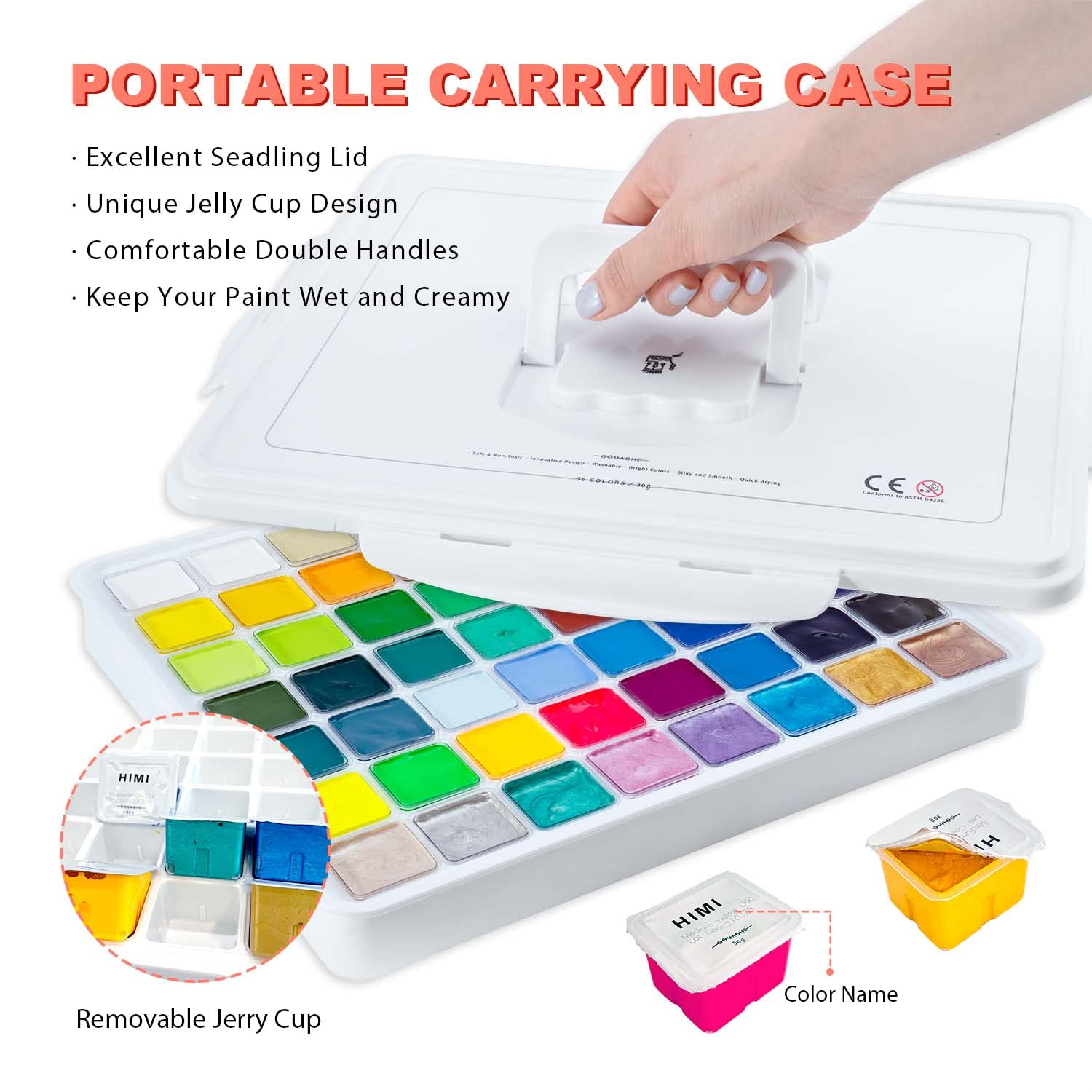 HIMI Gouache Paint Set, 56 Colors x 30g Unique Jelly Cup Design in a Carrying Case Perfect for Artists, Gouache Opaque Art Supplies for Professionals, and More