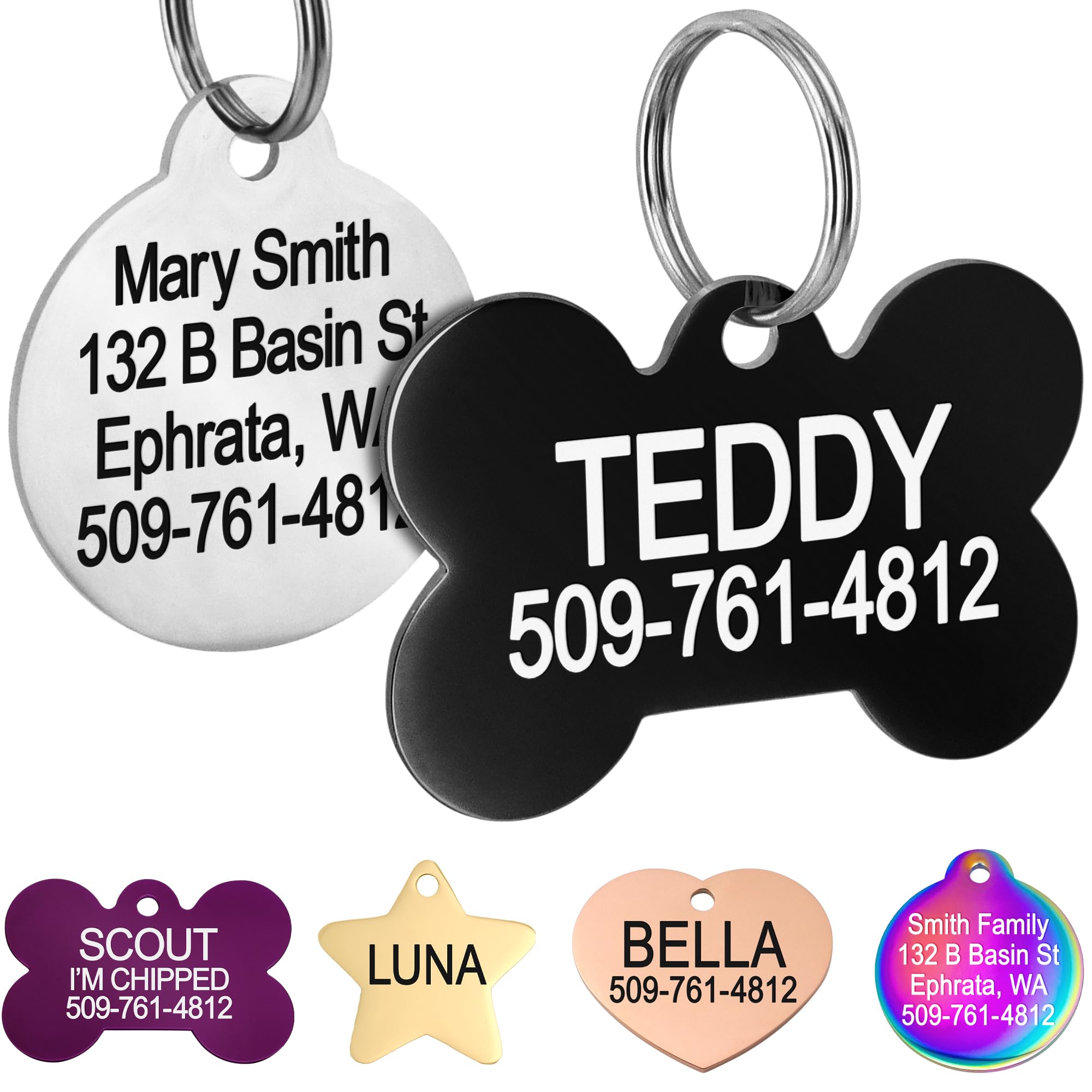 GoTags Dog Tags Personalized Engraved Pet ID Tags, Stainless Steel, Front and Backside Engraving, Available in Bone, Round, Heart, Bow Tie and More, Small and Large Dog and Cat (Pack of 1)