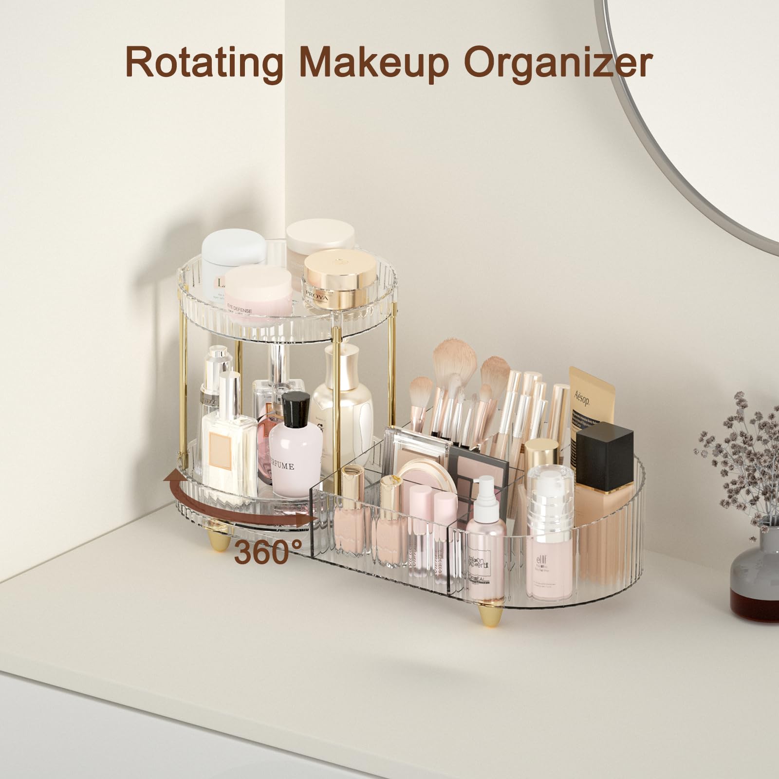 Makeup Organizer Countertop for Vanity, Rotating Perfume Tray with 5-compartment Cosmetic and Skincare Organizers, Multi-Purpose Desk Storage Makeup Brush Holder for Bathroom Bedroom Counter