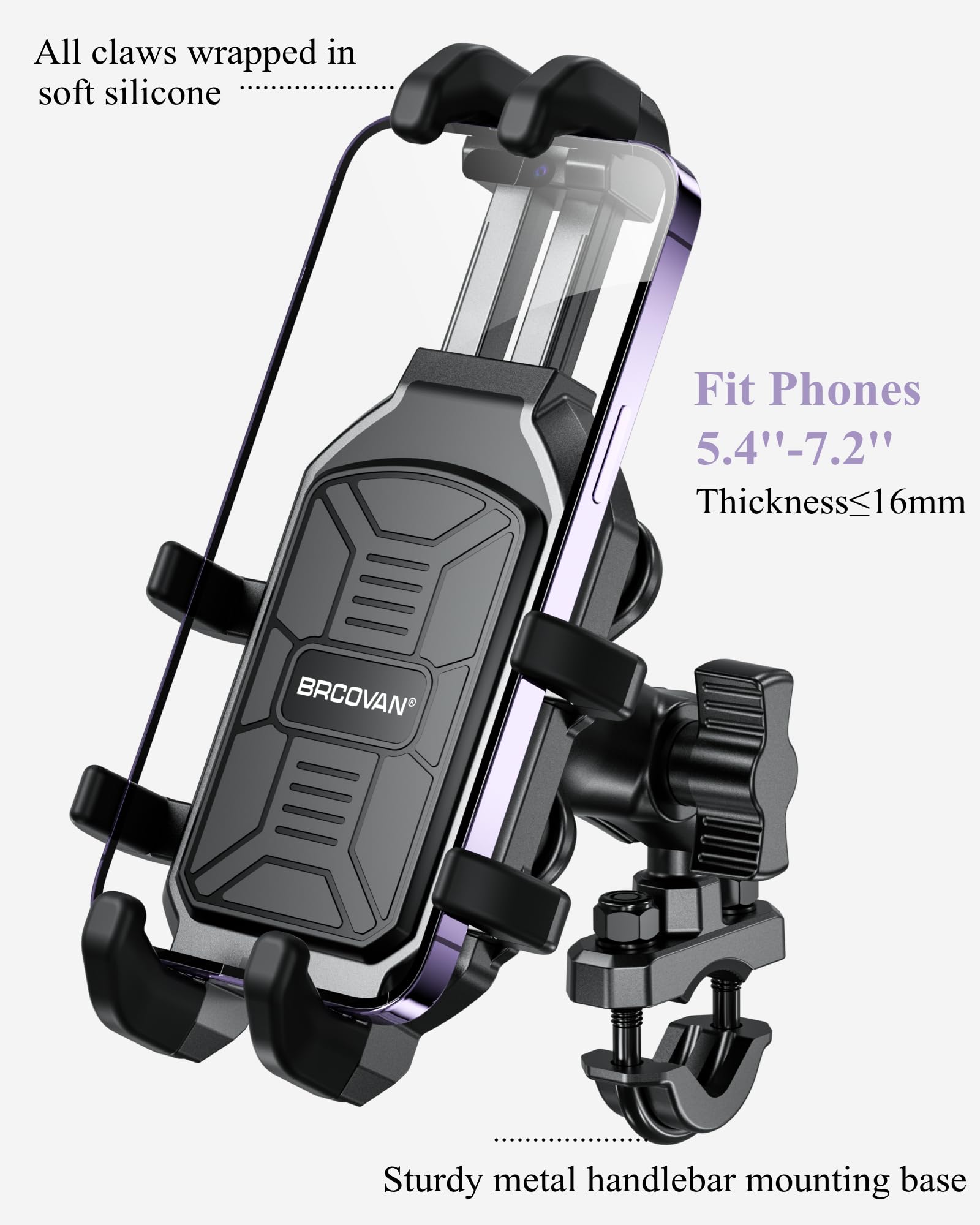 BRCOVAN Motorcycle Phone Holder with Vibration Dampener, Anti-Shake Motorcycle Phone Mount, Adjustable Handlebar Cellphone Holder for Motorcycle Bike Bicycle Scooter ATV Fit 5.4''-7.2'' Smartphone