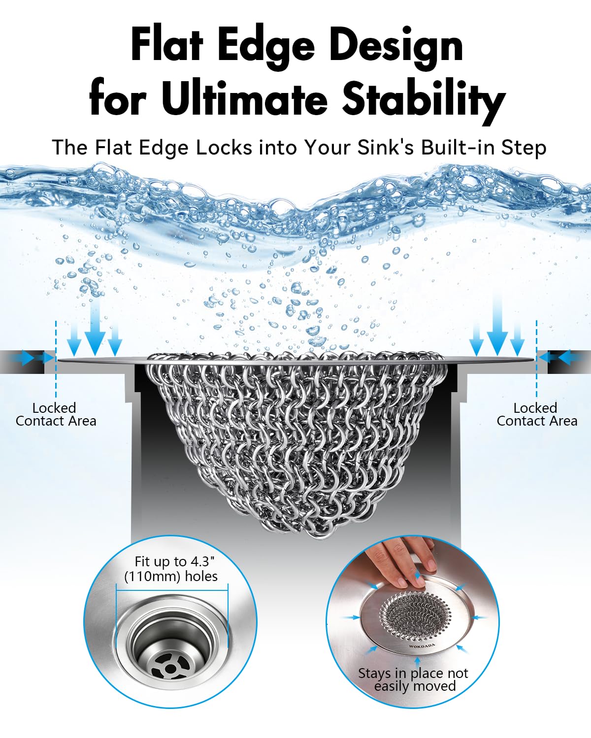Wokdada Sink Drain Strainer, Reversible No Clog Mesh Kitchen Sink Drain Strainer, 304 Stainless Steel & Rust-Proof/Masterfully Handcrafted, Easy Clean, Dishwasher Safe, Fits Standard Sink Drain