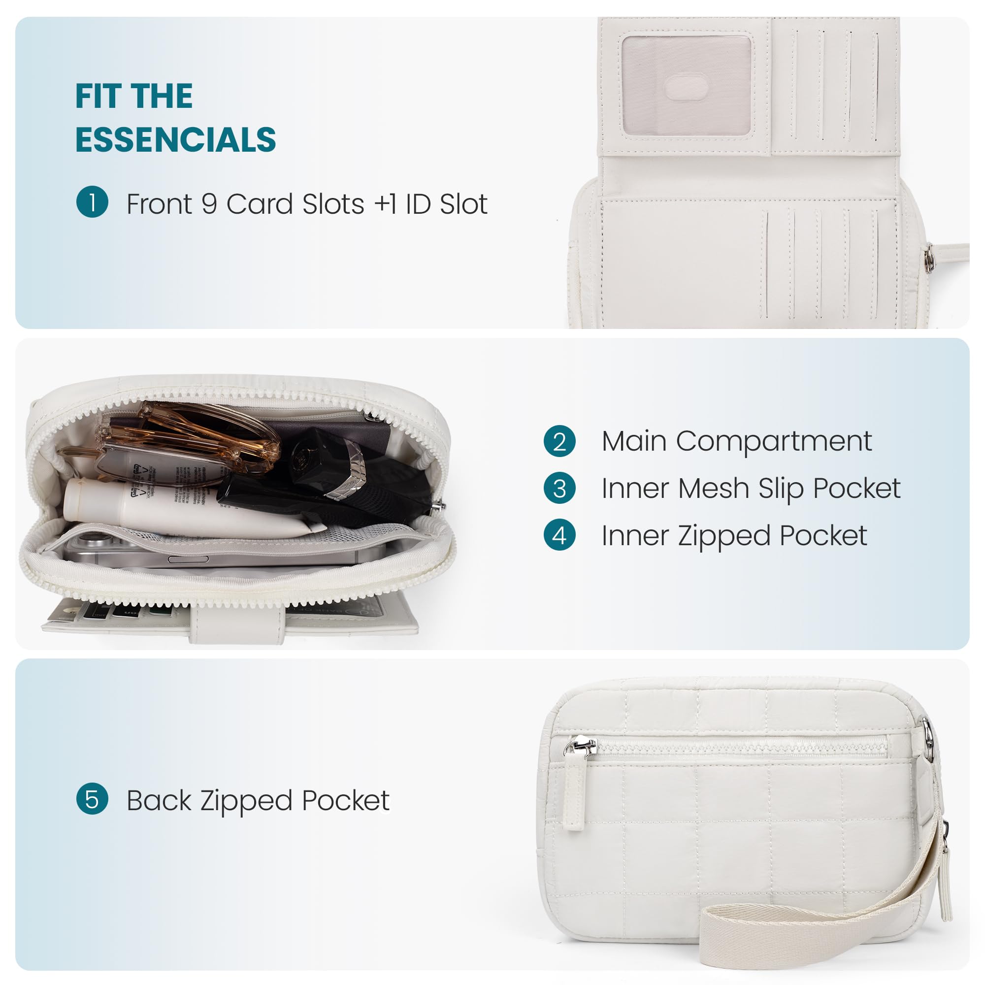 befen Wristlet Wallets for Women, Quilted Nylon Wallet Clutch Purse with 10 Card Slots, Credit Card Holder with RFID Blocking Phone Organizer, Puffer Womens Wallets, Beige