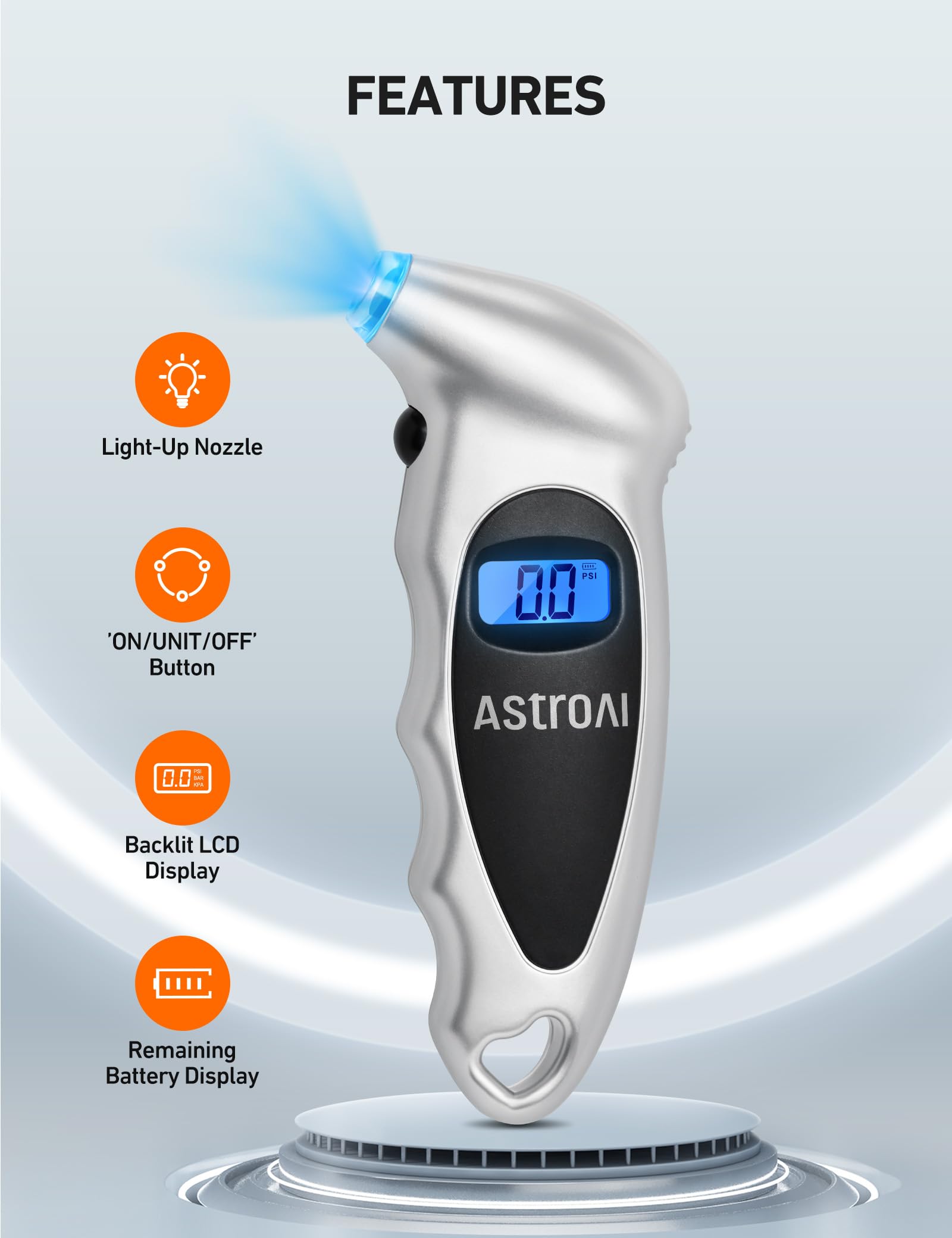 AstroAI Tire Pressure Gauge Digital 0-150PSI (Accurate in 0.1 Increments), 4 Units Stocking Stuffers for Car Truck Bicycle with Backlight LCD and Presta Valve Adaptor, Sliver