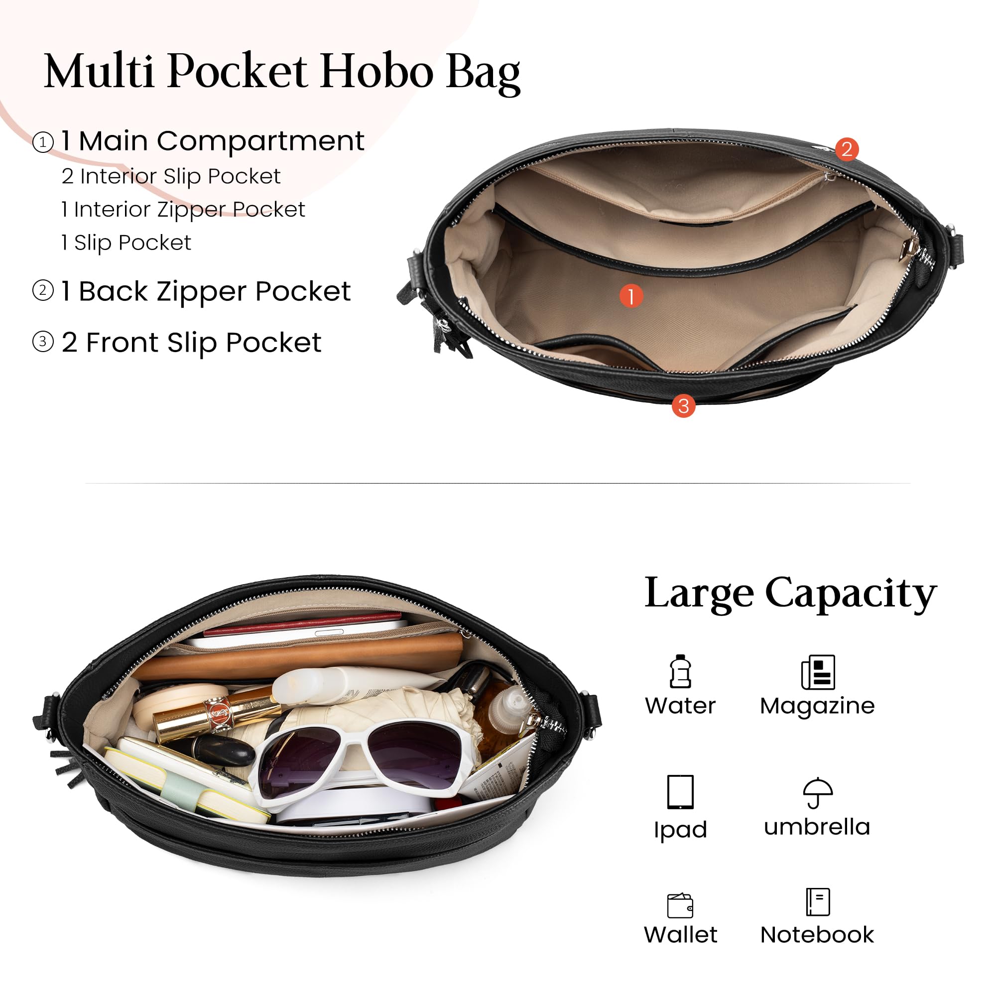 befen Genuine Leather Crossbody Bags for Women, Black Leather Purse Soft Real Hobo Crossbody with 2 Removable and Adjustable Straps Trendy Womens Purses and Handbags for Everyday