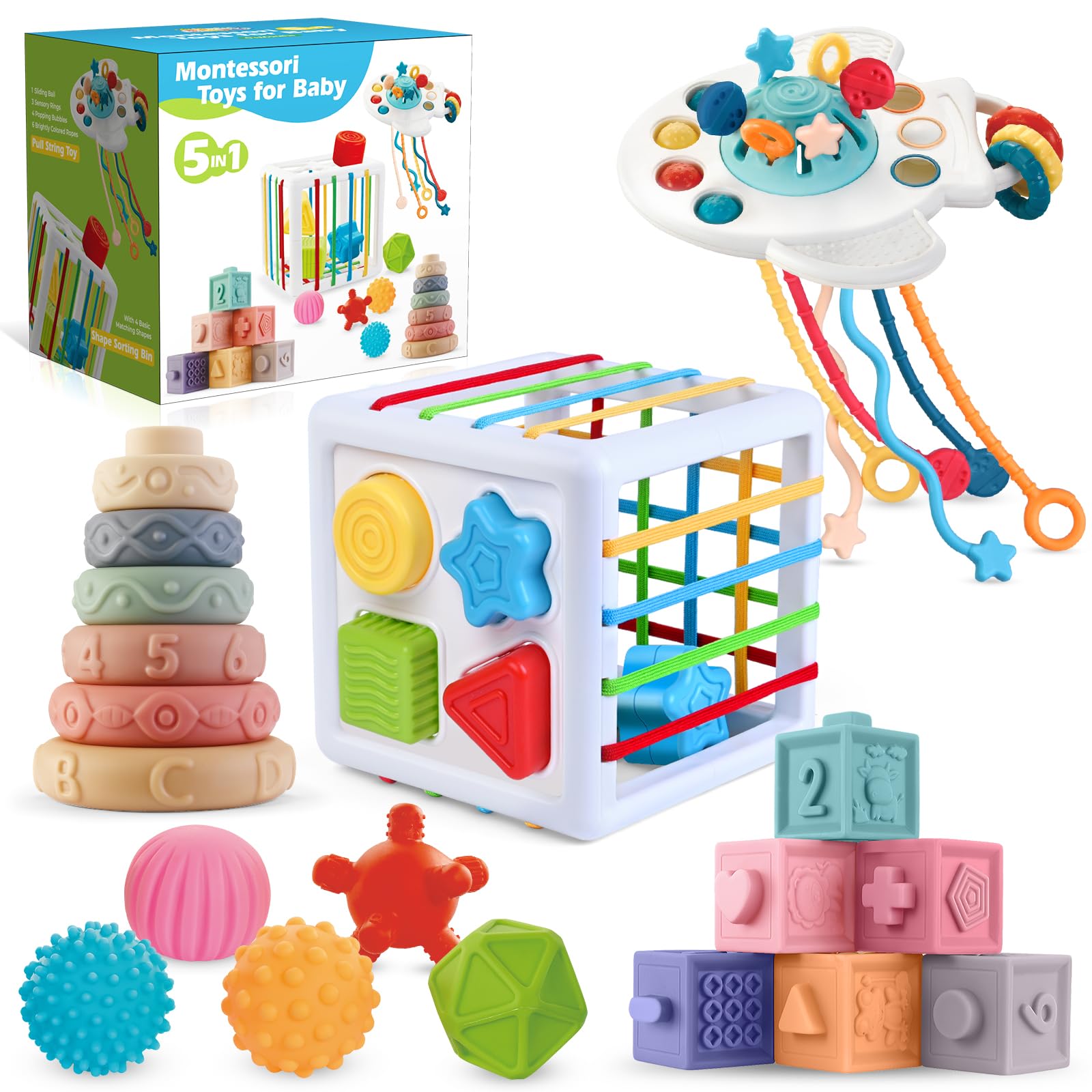 5 in 1 Montessori Toys for Babies 0-3-6-12 Months, Soft Baby Teething Toys, Sensory Bin Toy, Stacking Building Blocks & Rings for Infants,Developmental Toys for Toddler,Gift for Baby 12-18 Months