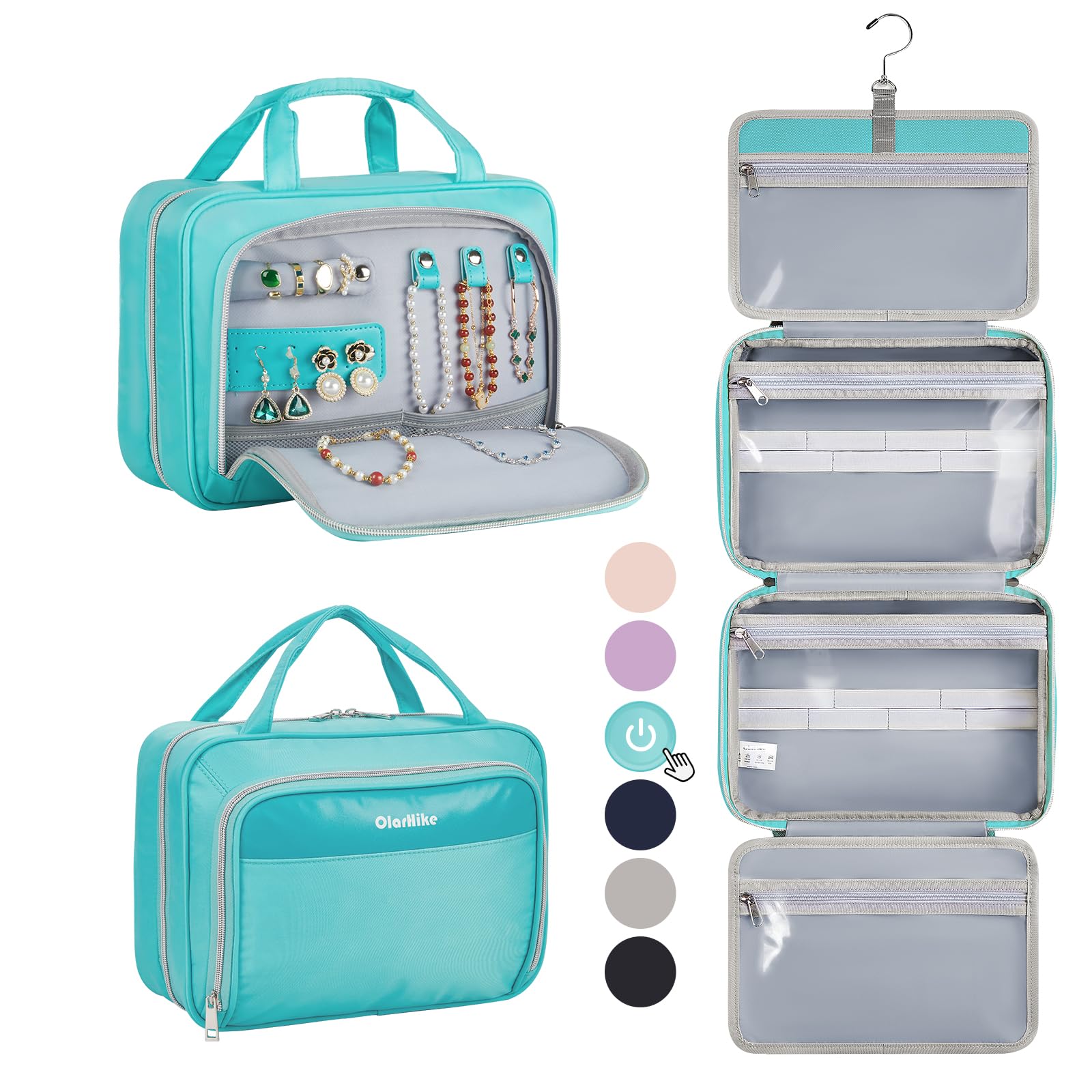 OlarHike Travel Toiletry Hanging Bag Waterproof, Makeup bag, Toiletries, Jewelry, Travel Essentials 3 in 1 Packing Organizers, Cosmetic Travel-Sized Container, Medium for Women Light Blue