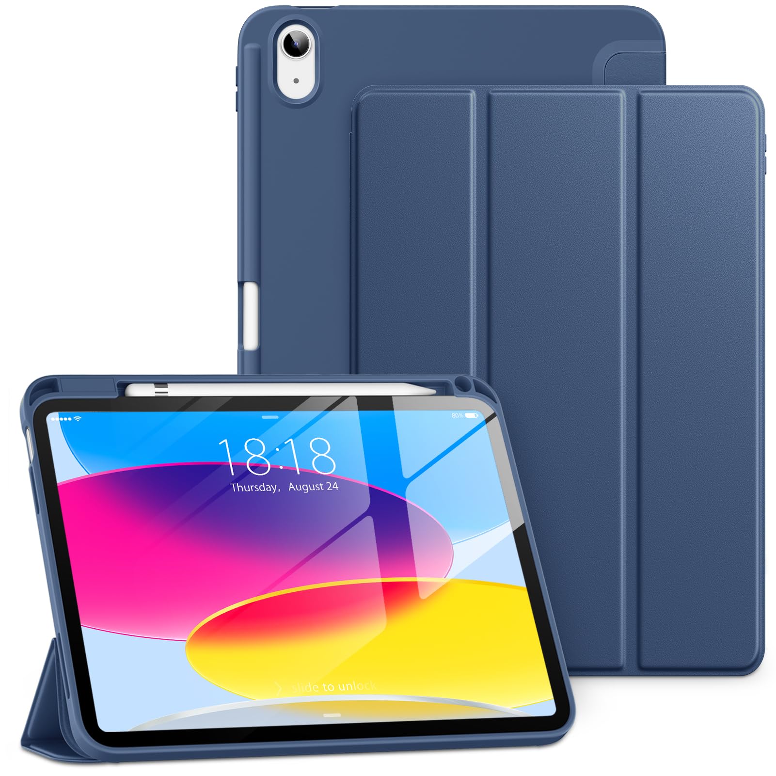 DTTO for iPad 10th Generation Case 10.9 Inch 2022, Slim Tri-fold Stand Soft TPU Back Protective Cover with Pencil Holder for iPad 10th Gen Case - Support Touch ID, Auto Sleep/Wake, Navy Blue