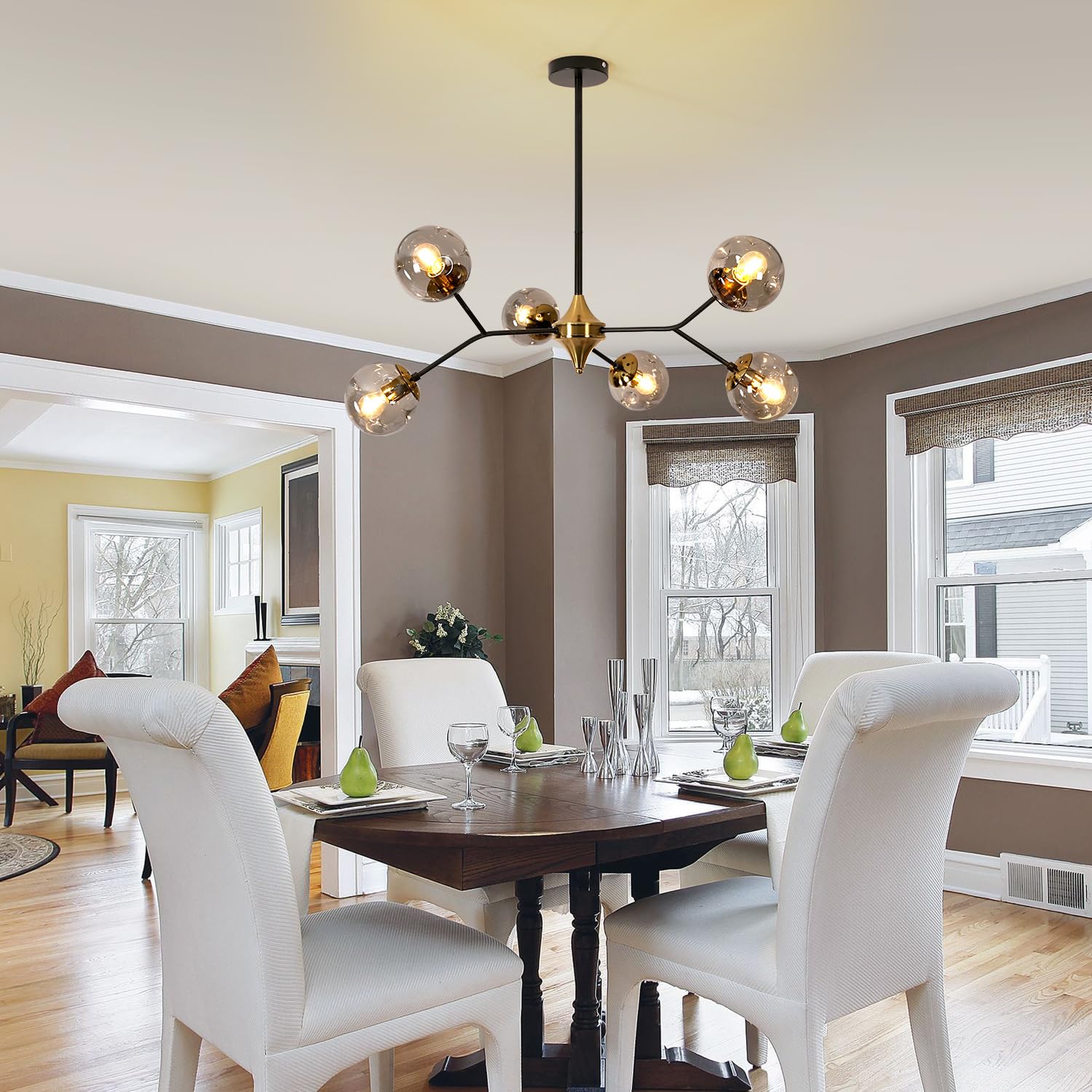 DELIPOP Glass Sputnik Chandelier, 6-Light Black and Gold with Smoke Gray Glass Lampshade Chandelier, E26 Mid Century Modern Pendant Light Fixture for Dining Room, Living Room, Kitchen