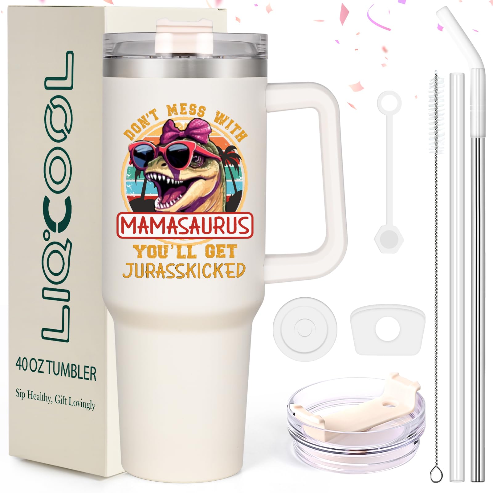 LiqCool Mothers Day Gifts - Best 40 Oz Mamasaurus Tumbler, Funny Mom Gifts from Daughter Son, Unique Mother's Day Gift Ideas for Wife Mom Mama(Cream)