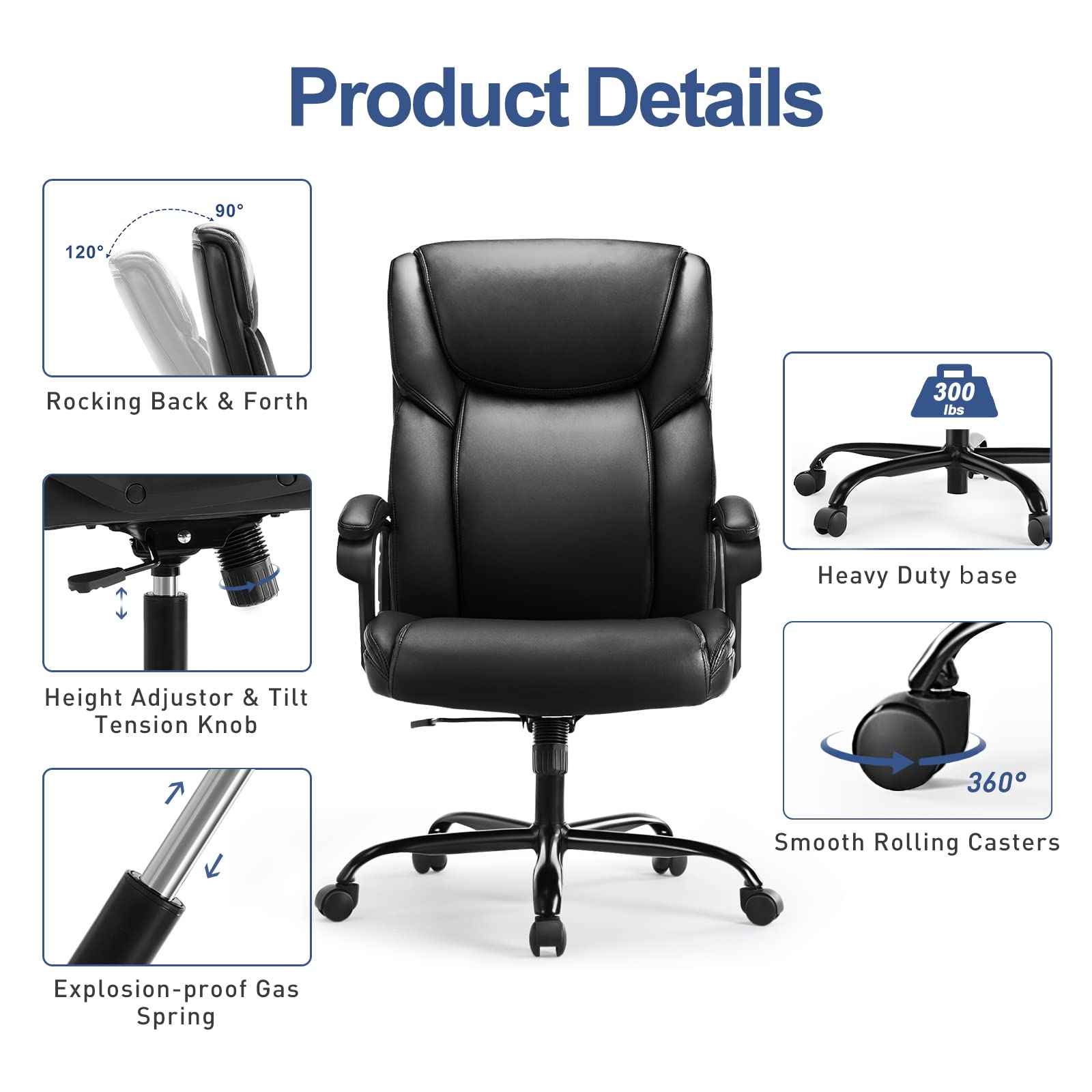 OLIXIS Office Chair,Desk Chair Executive Office Chair High Back Home Office Desk Chairs Soft Armrest,Height Adjustable Ergonomic Computer Chair Lumbar Support,Big Tall Bonded Leather Chair Black