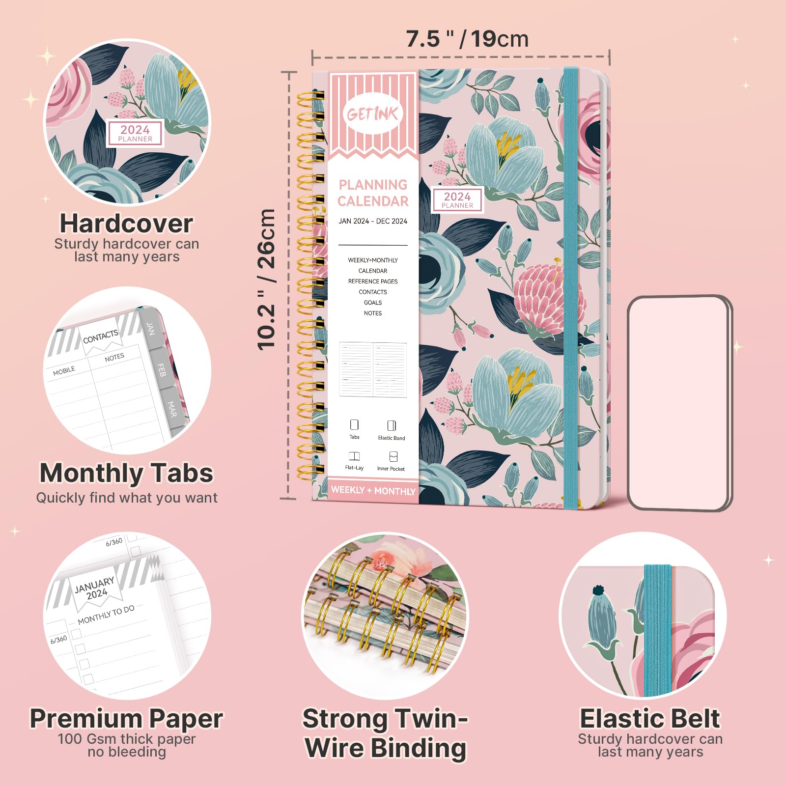 GETINK 2024 Planner Daily Weekly and Monthly for Women, Jan.2024 - Dec.2024, Hardcover Agenda 2024 Calendar Planner Book with Monthly Tab, Spiral Bound, Inner Pocket,7.5”×10” Floral Blue