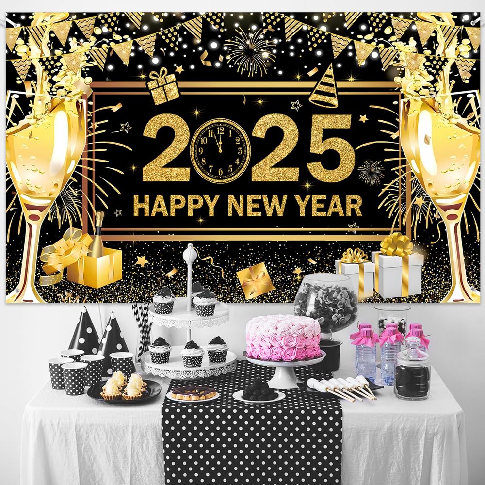 IMISHM Happy New Year Decorations New Year Banner 2025 New Year Party Decorations New Year Backdrop 2025 New Year Eve Party Decorations