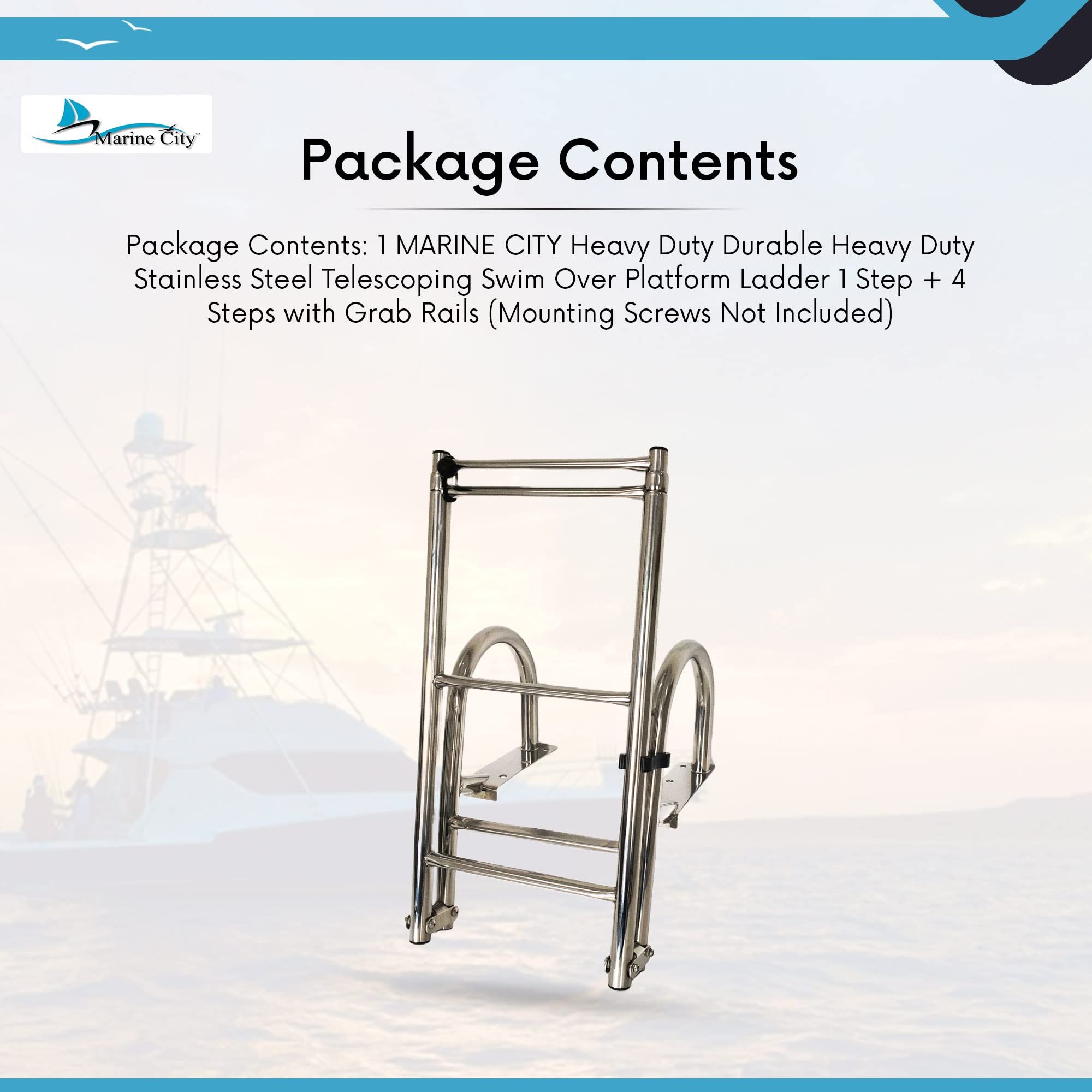 MARINE CITY Stainless Steel Heavy Duty Durable and Sturdy Telescoping Swim Over Platform Boat Ladder with Comfortable Handrails (1 Step+4 Step)