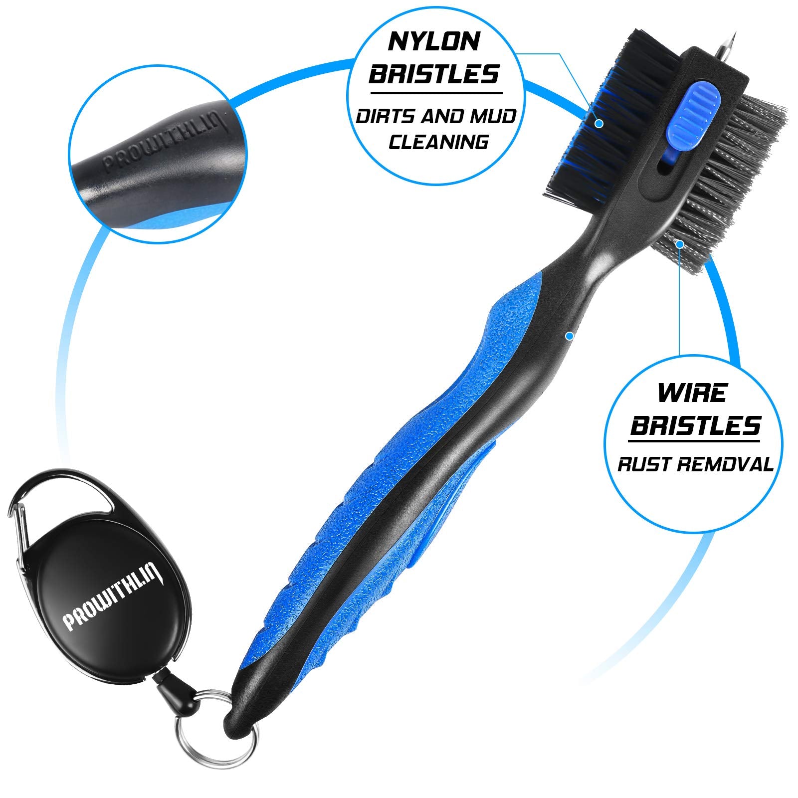 prowithlin Golf Club Brush and Golf Club Groove Cleaner 2 in 1, 2ft Retractable Zip-line Metal Buckle and Retractable Sharp Pick Oversized Brush Head Wire Bristles (Black and Blue Upgraded)