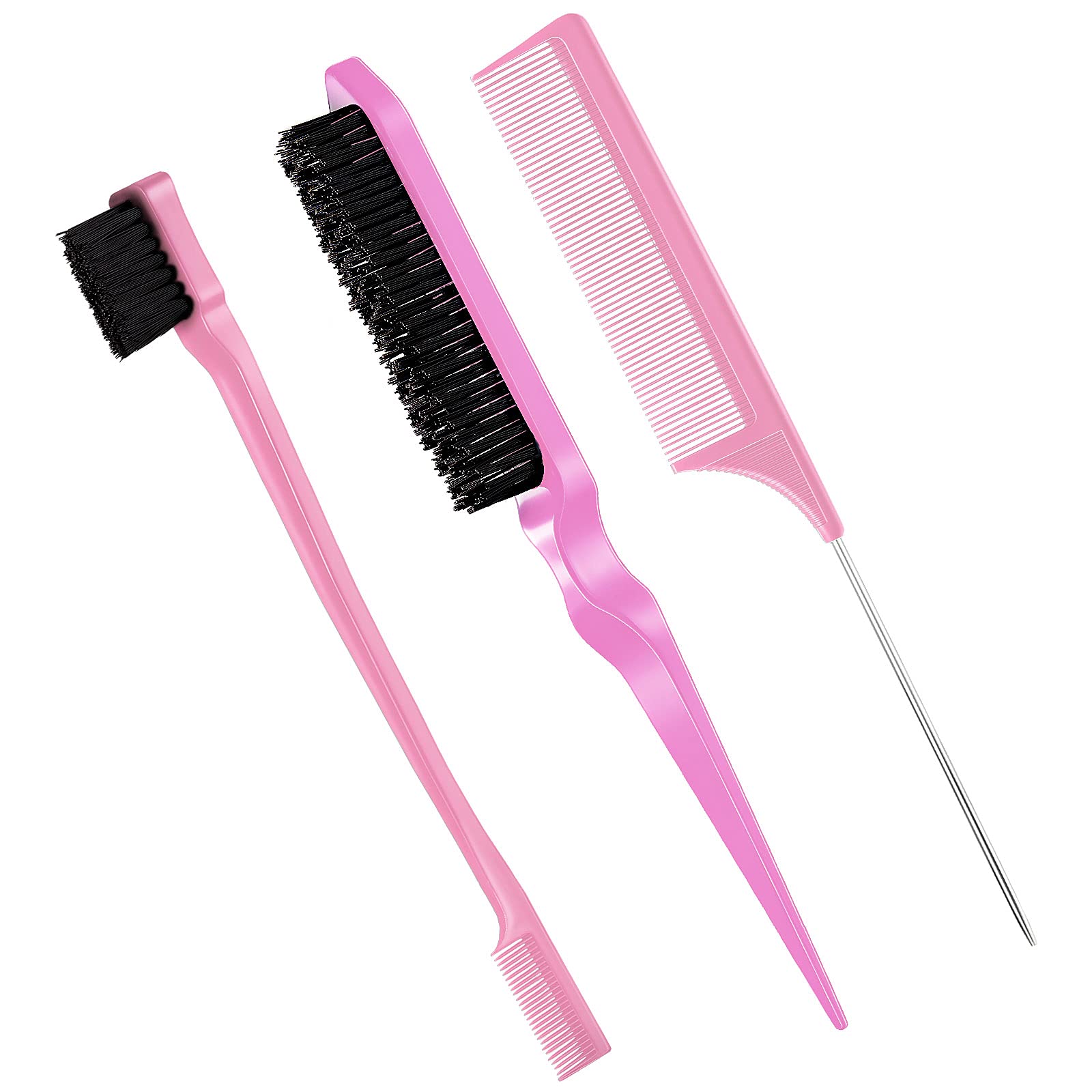 Geiserailie 3 Pcs Slick Back Hair Brush Set Bristle Hair Brush Edge Control Brush Teasing Comb for Women Baby Kids' Black Hair (Light Pink)