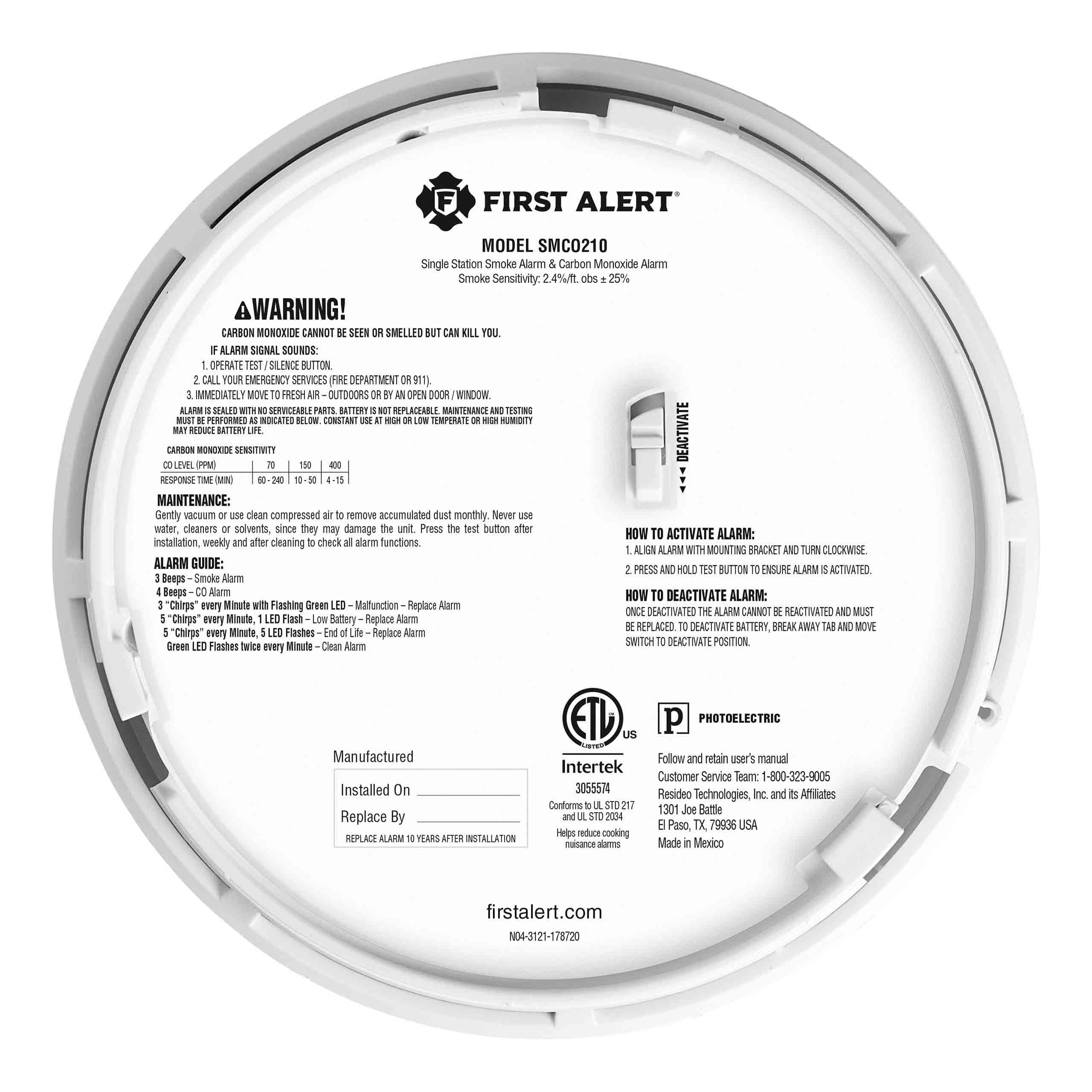 First Alert SMCO210, 10-Year Sealed Battery Combination Smoke & Carbon Monoxide Alarm with Slim Profile Design, 1-Pack