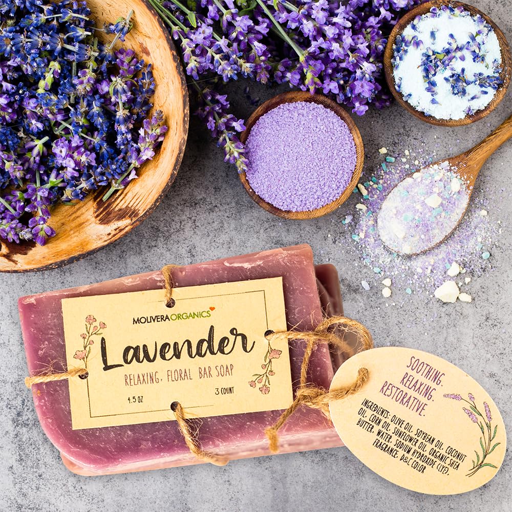 Molivera Organics Handmade Lavender Soap (3 Count) - Soothing Face and body cleansing and moisturizing. Safe for all skin types.