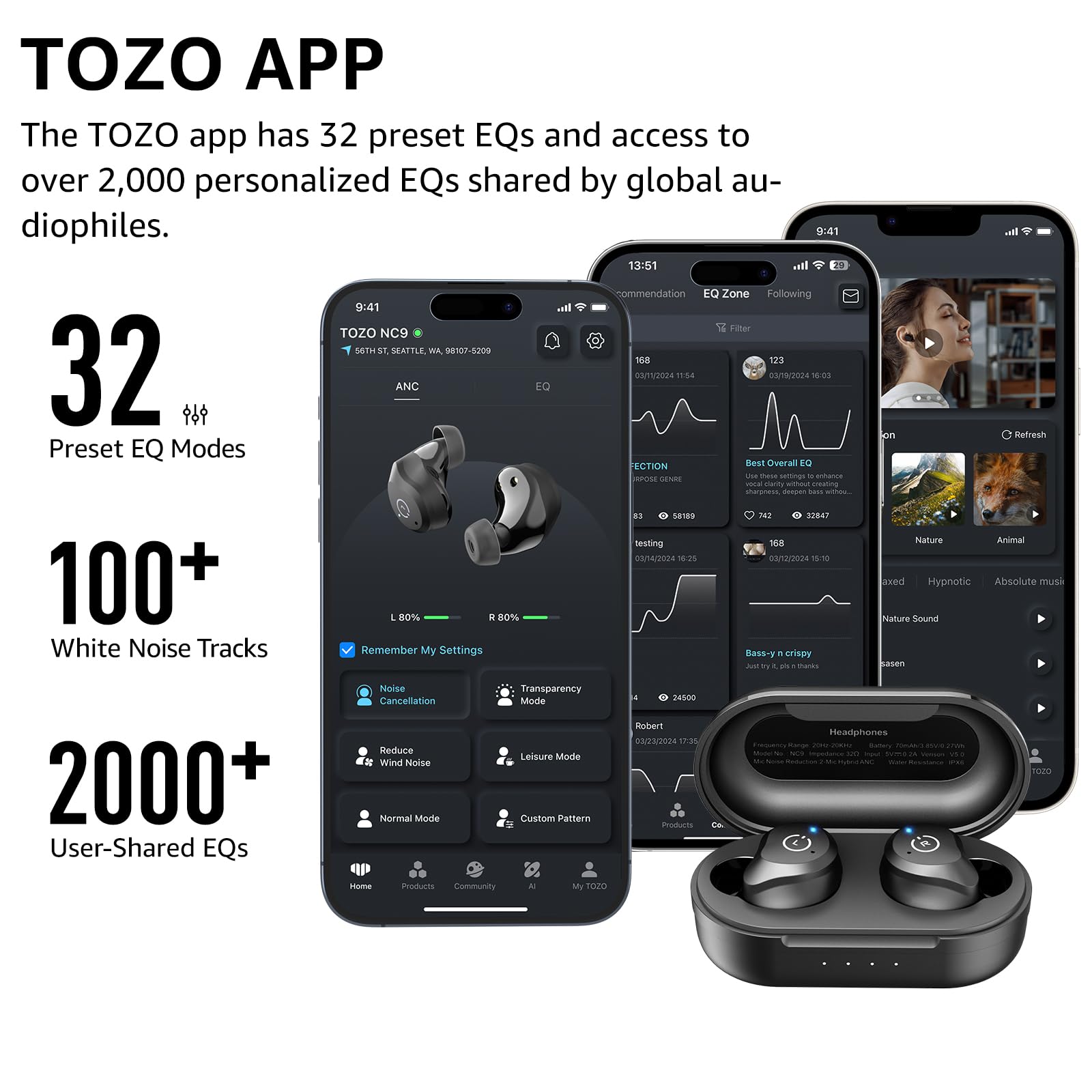 TOZO NC9 Hybrid Active Noise Cancelling Wireless Earbuds, in Ear Headphones IPX6 Waterproof Bluetooth 5.3 Stereo Earphones, Immersive Sound Premium Deep Bass Headset Matte Black