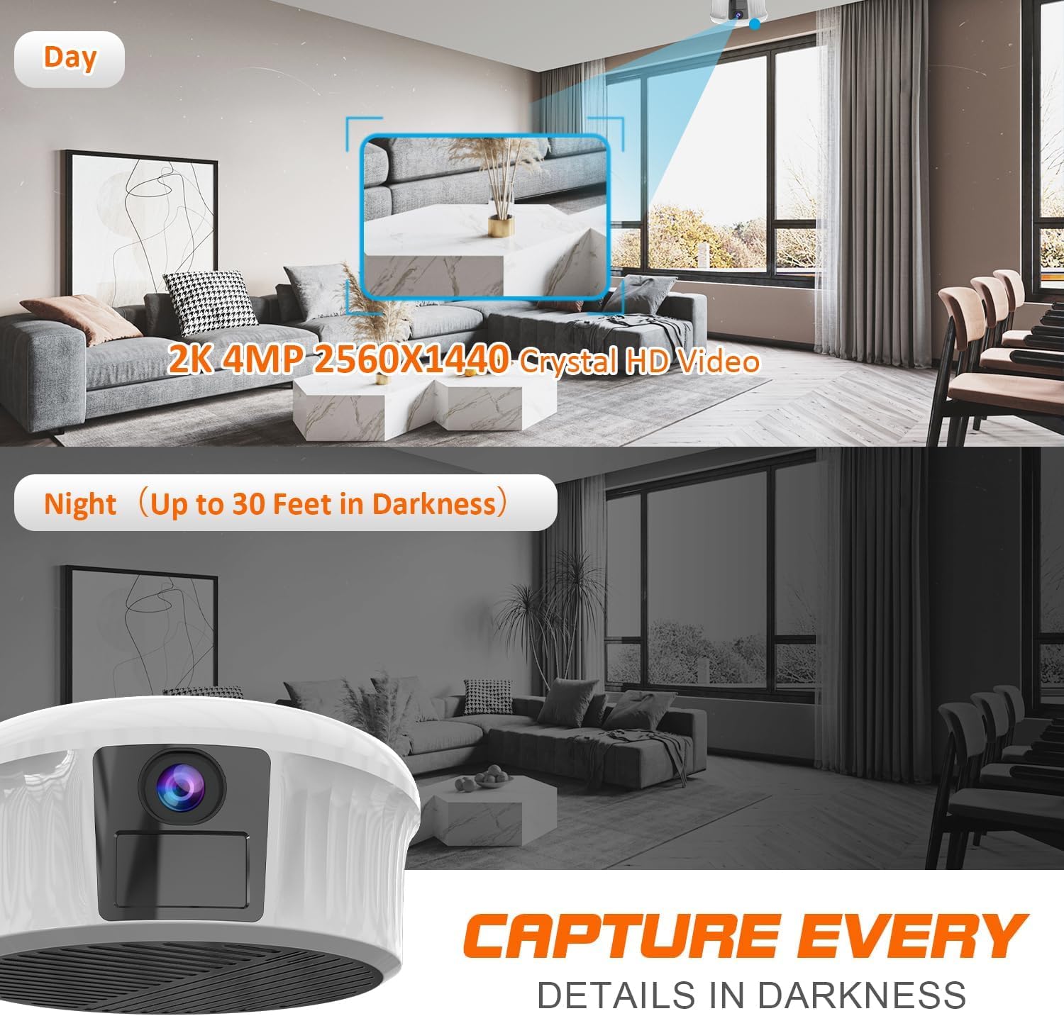 2K Hidden Camera Smoke Detector - Spy Camera for Home Security with Night Vision Motion Detection - 10000mAH Rechargeable Wireless PTZ Surveillance Baby Dog Pet Monitor - 200 Days Battery Power