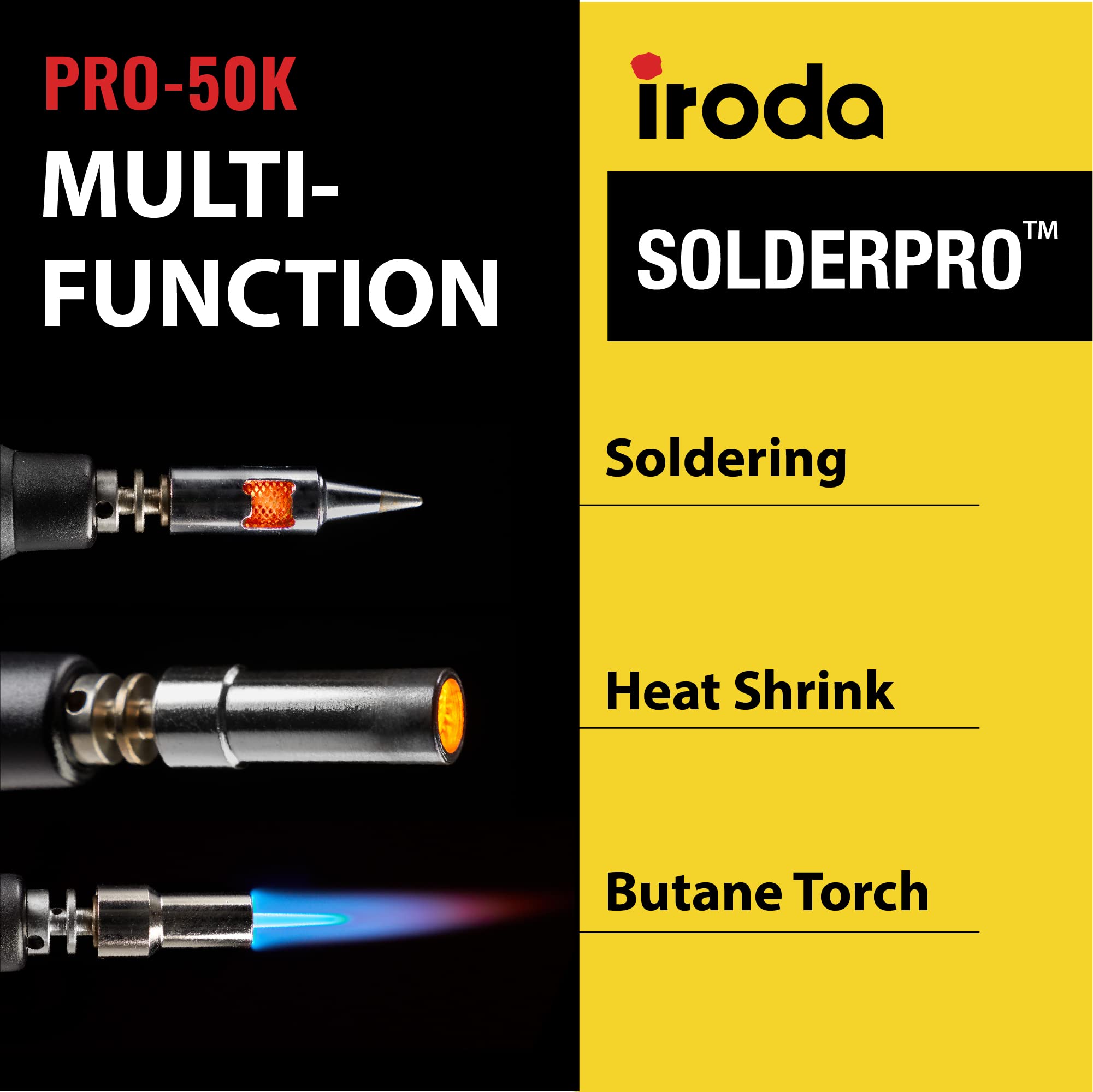 IRODA SOLDERPRO 50K Butane Soldering Iron Kit | 4-in-1 30-70W Heat Gun | Mini Torch | Cordless Portable Butane Soldering Kit Rapid Heat Up (Taiwan Made)