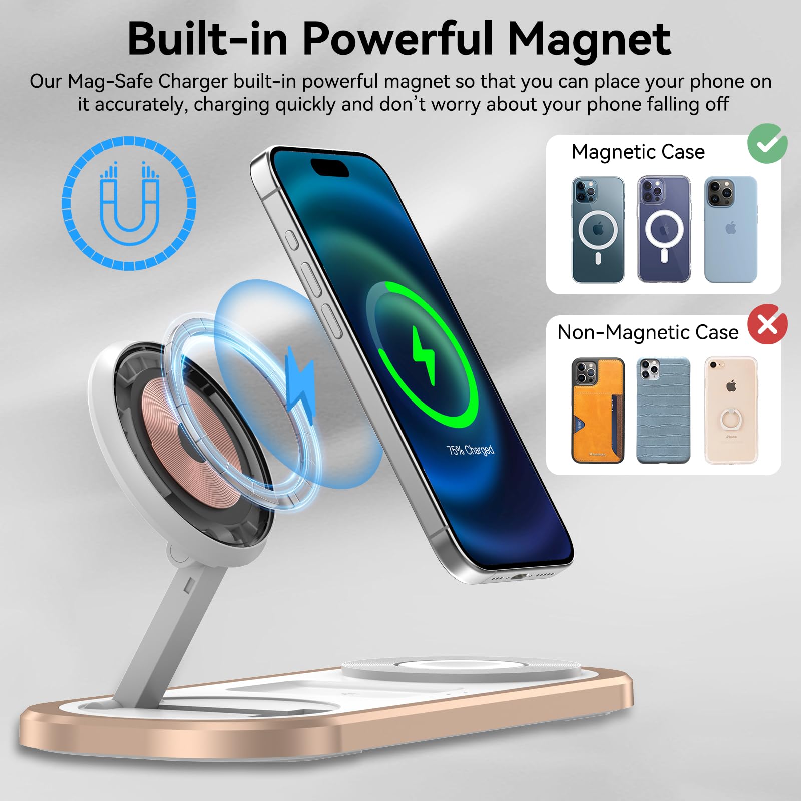 3 in 1 Wireless Charger for iPhone, Foldable Charging Station for Magsafe for iPhone 16/15/14/13/12/Pro Max/Pro/Mini/Plus, Apple Watch 10/9/8/7/SE/6/5/4/3/2/1/Ultra2/Ultra, AirPods pro/2/3/4 (Golden)