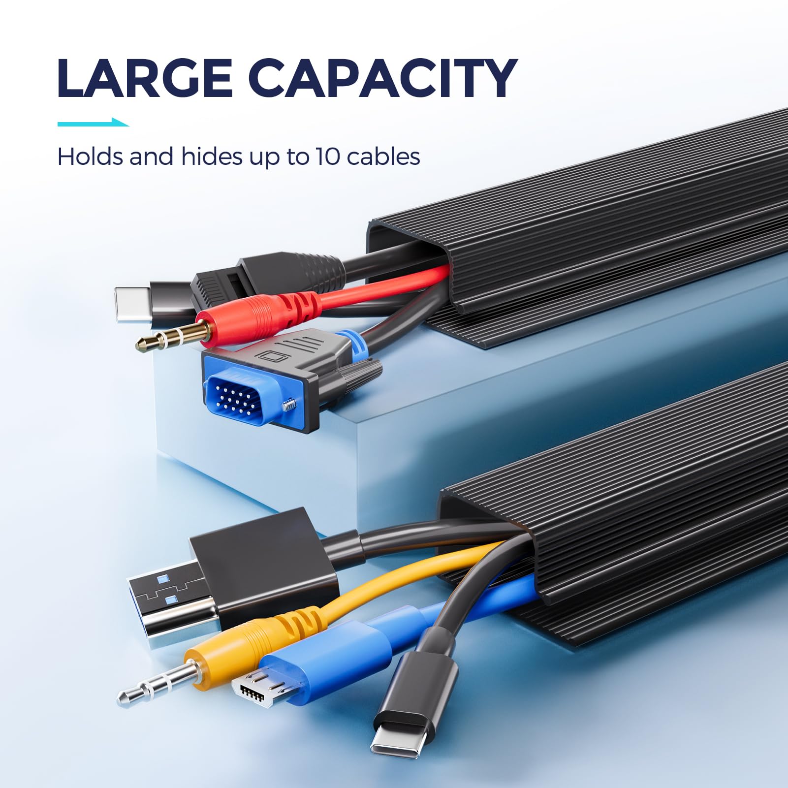 Cable Management Under Desk 31.5'' J Channel Cable Raceway, 2 Pack Cord Hider Desk Cable Tray, No Drilling Under Desk Cable Management Tray, Self Adhesive Desk Wire Management, 15.7x1.1x2.4 in, Black