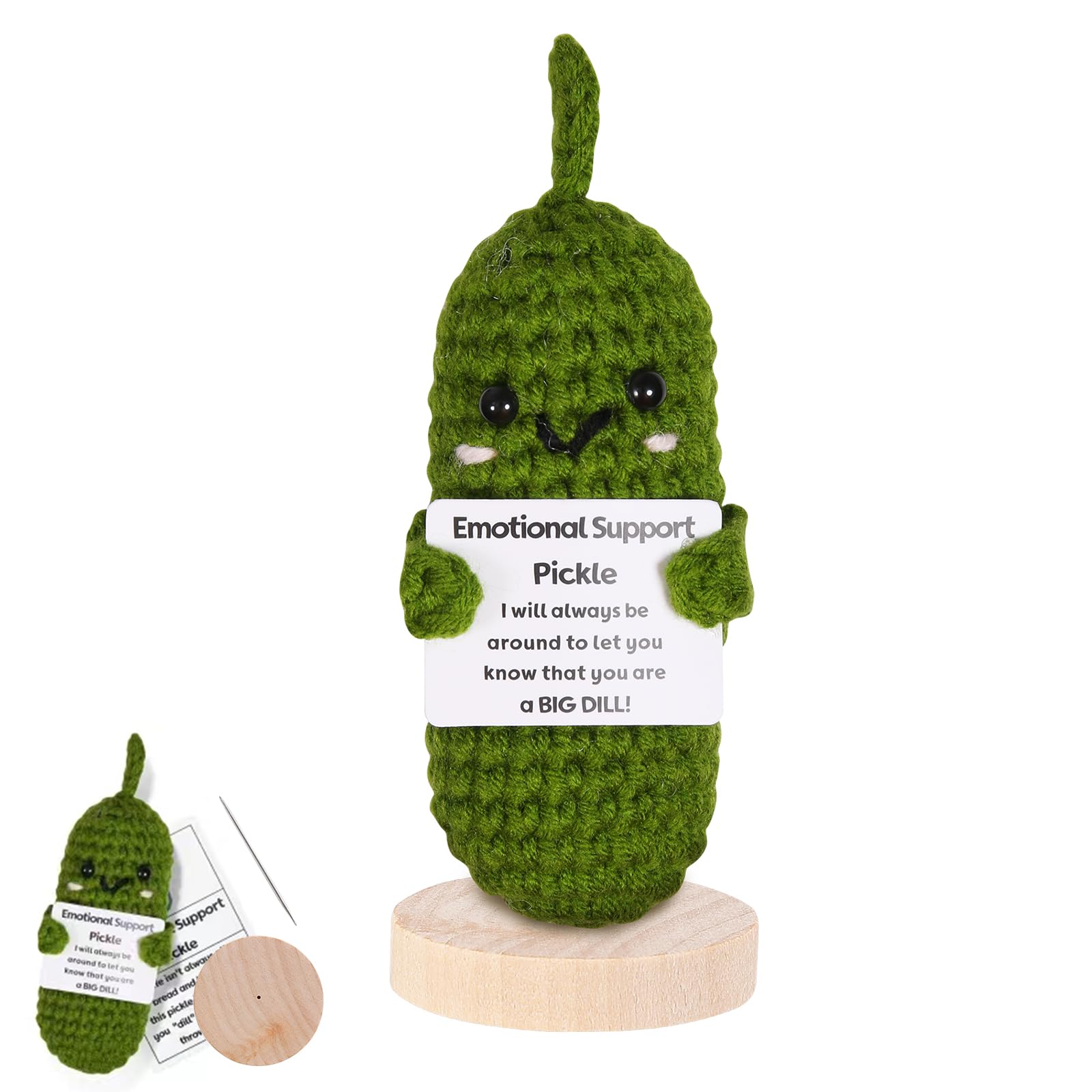 FauKait Handmade Emotional Support Pickle Gift, Cucumber Crochet Doll Inspirational with Wooden Base, Cute Knitted Cucumber Doll Funny Pickle Toy for Women, Boys,Girls Decoration